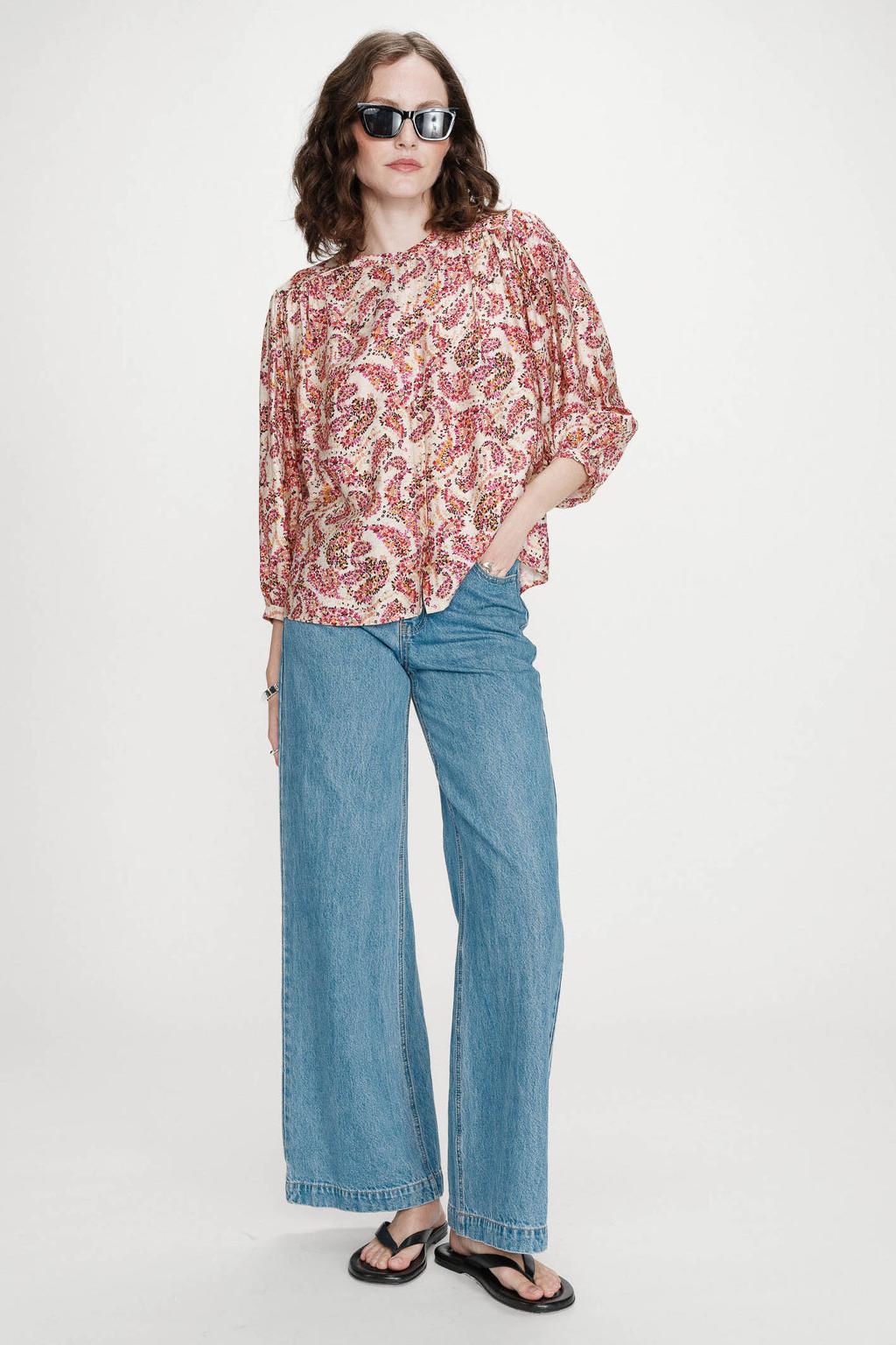 Multikleurige dames Grace & Mila blouse van viscose met driekwart mouwen, klassieke kraag en knoopsluiting