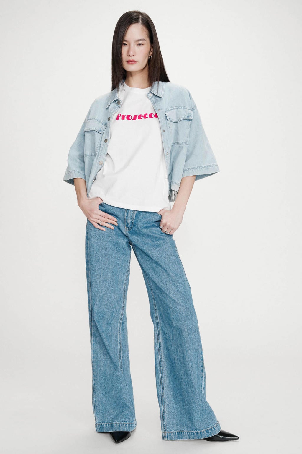 Ecru en roze dames Grace & Mila T-shirt van katoen met tekst print, korte mouwen en ronde hals