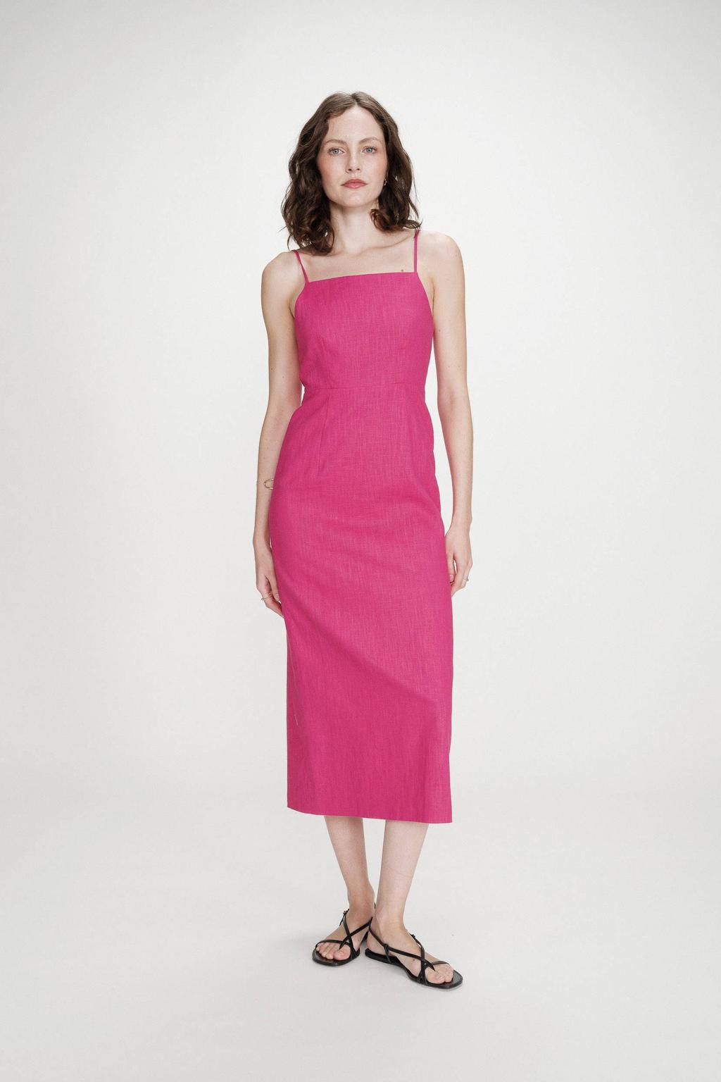 Roze dames Grace & Mila linnen midi jurk met effen, spaghettibandjes, vierkante hals en ritssluiting