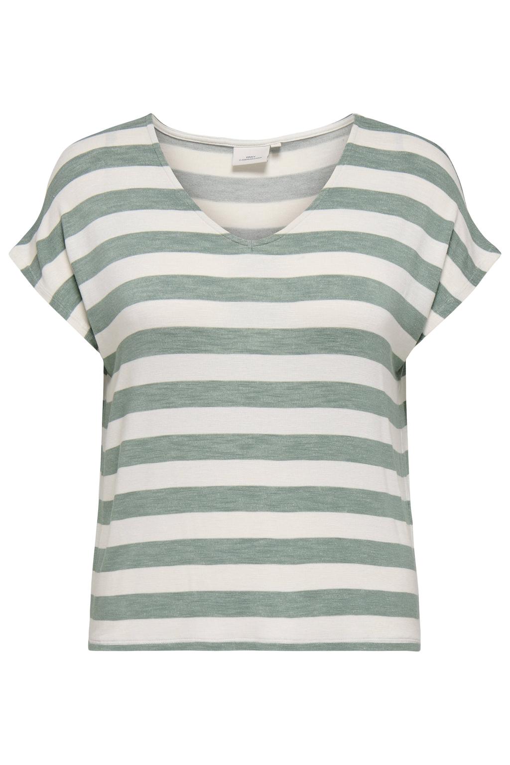 Groen en ecru dames ONLY CARMAKOMA gestreepte top van viscose met korte mouwen en V-hals