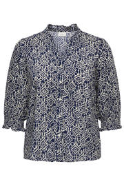 thumbnail: Blauw en ecru dames ONLY CARMAKOMA blouse van viscose met driekwart mouwen, V-hals, knoopsluiting en geweven detail