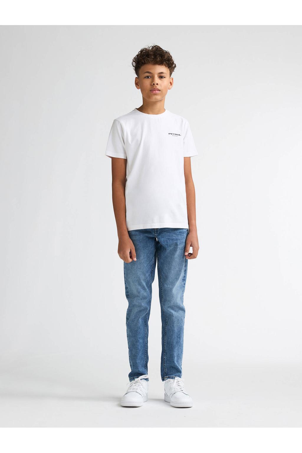 Witte jongens Petrol Industries T-shirt van katoen met logo dessin, korte mouwen en ronde hals