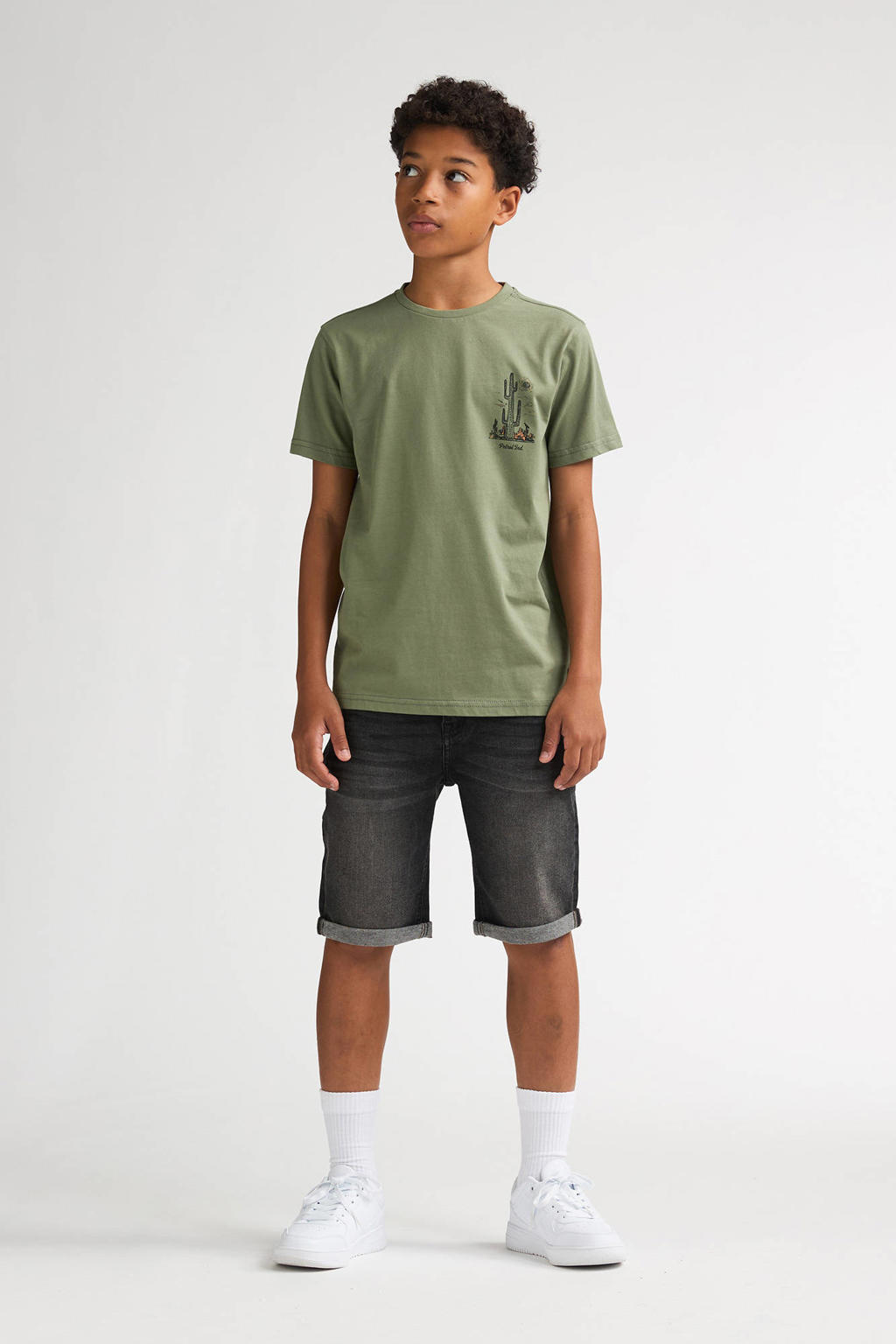 Olijfgroene jongens Petrol Industries T-shirt van katoen met backprint, korte mouwen en ronde hals
