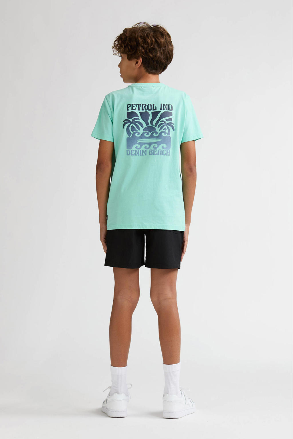 Mintgroene jongens Petrol Industries T-shirt van katoen met backprint, korte mouwen en ronde hals