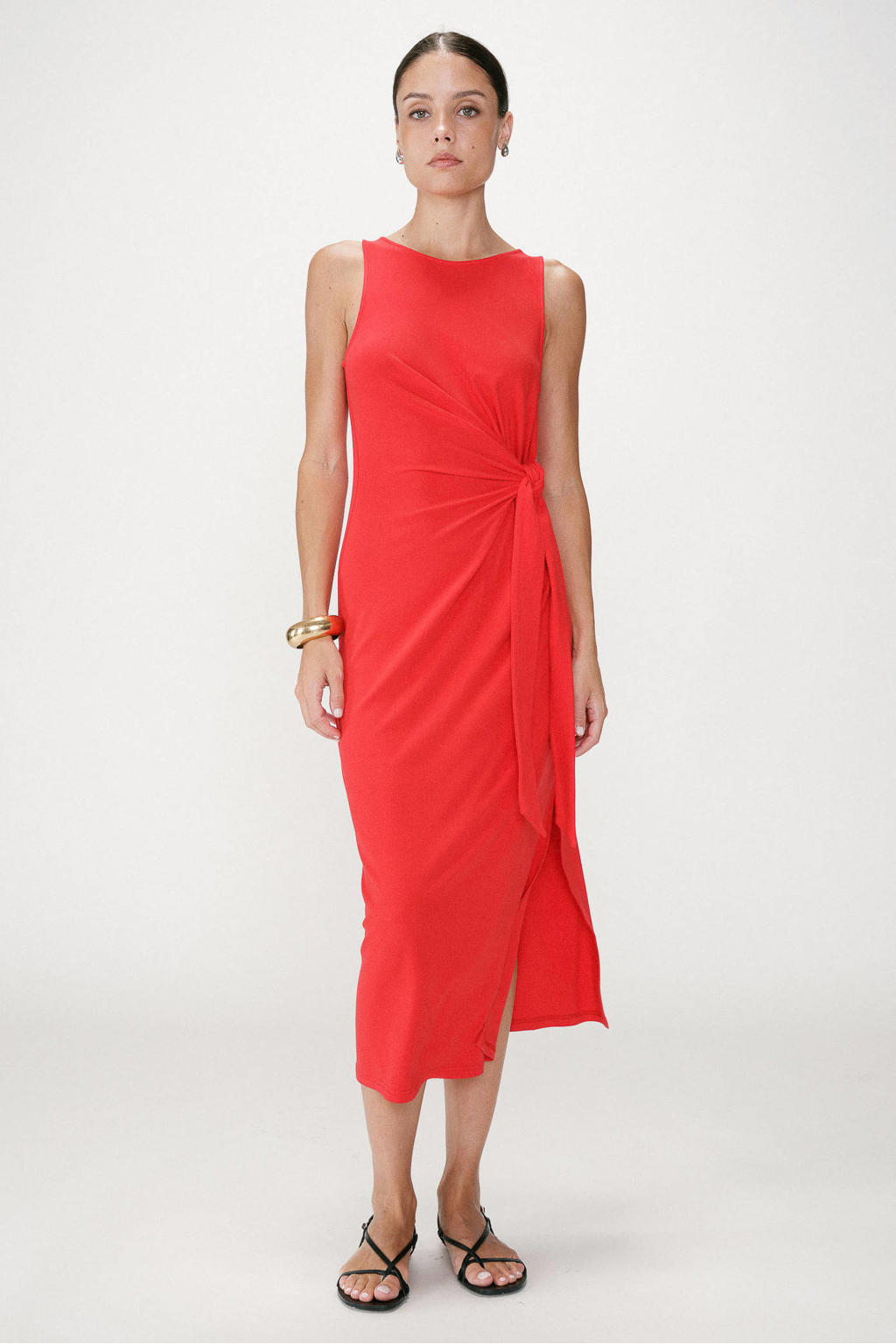 Rode dames Grace & Mila midi jurk van viscose met effen, ronde hals, knoopsluiting en strikje