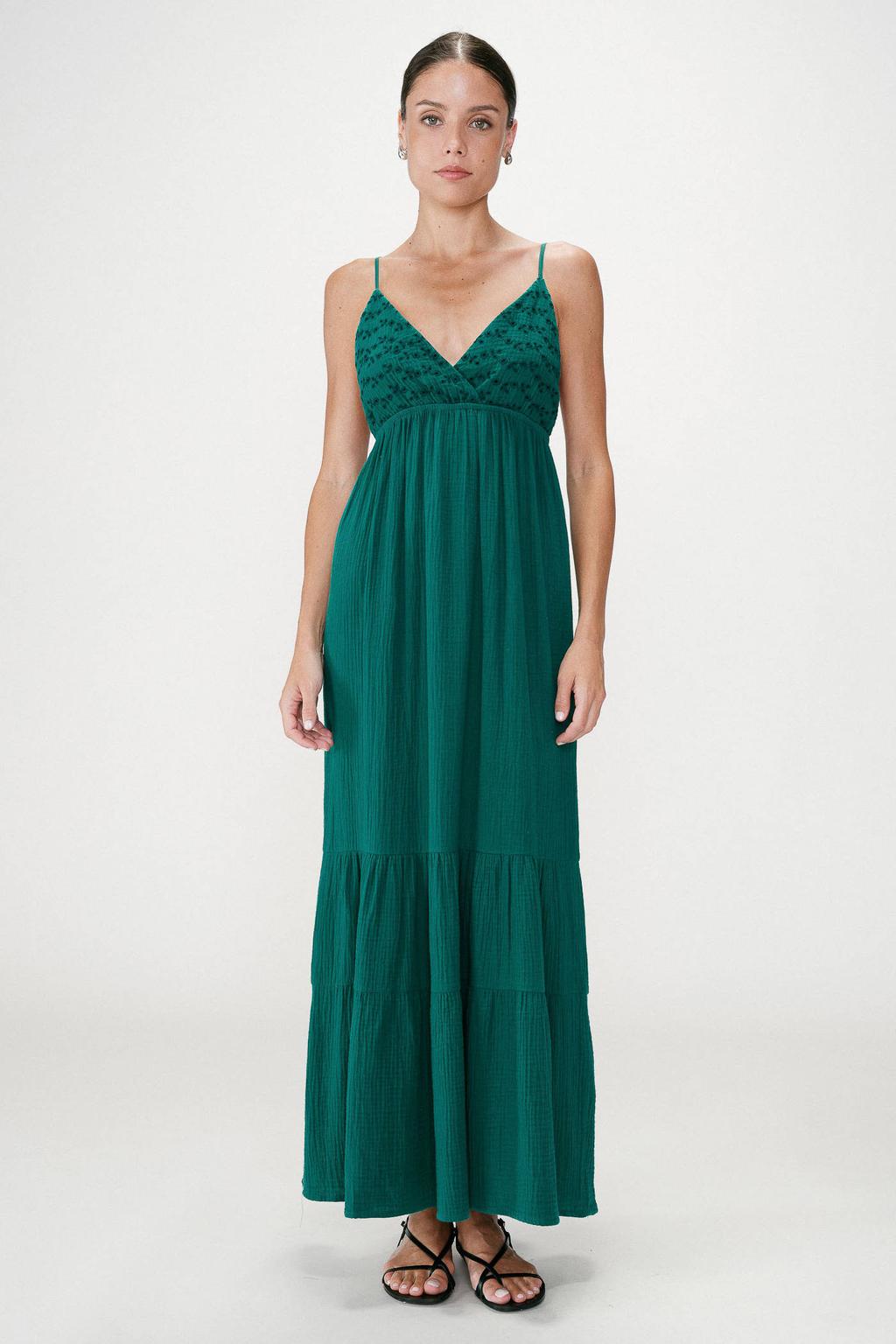 Donkergroene dames Grace & Mila maxi jurk broderie van katoen met effen en V-hals