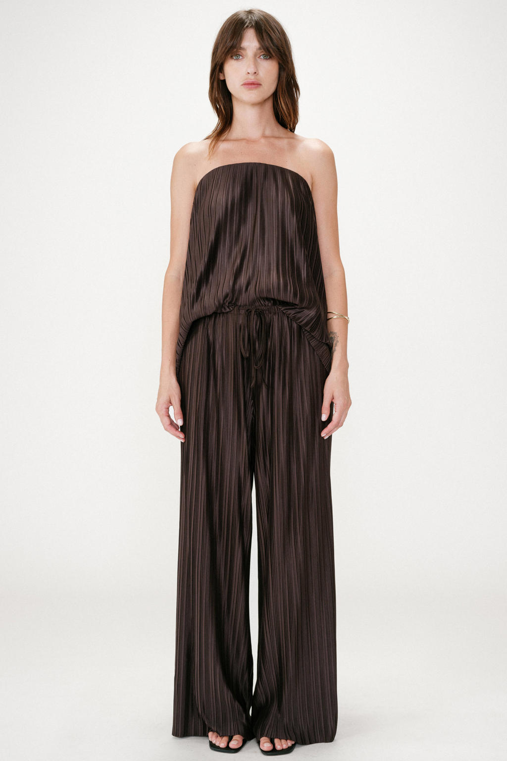 Donkerblauwe dames Grace & Mila wide leg regular waist broek met elastische tailleband met koord en effen