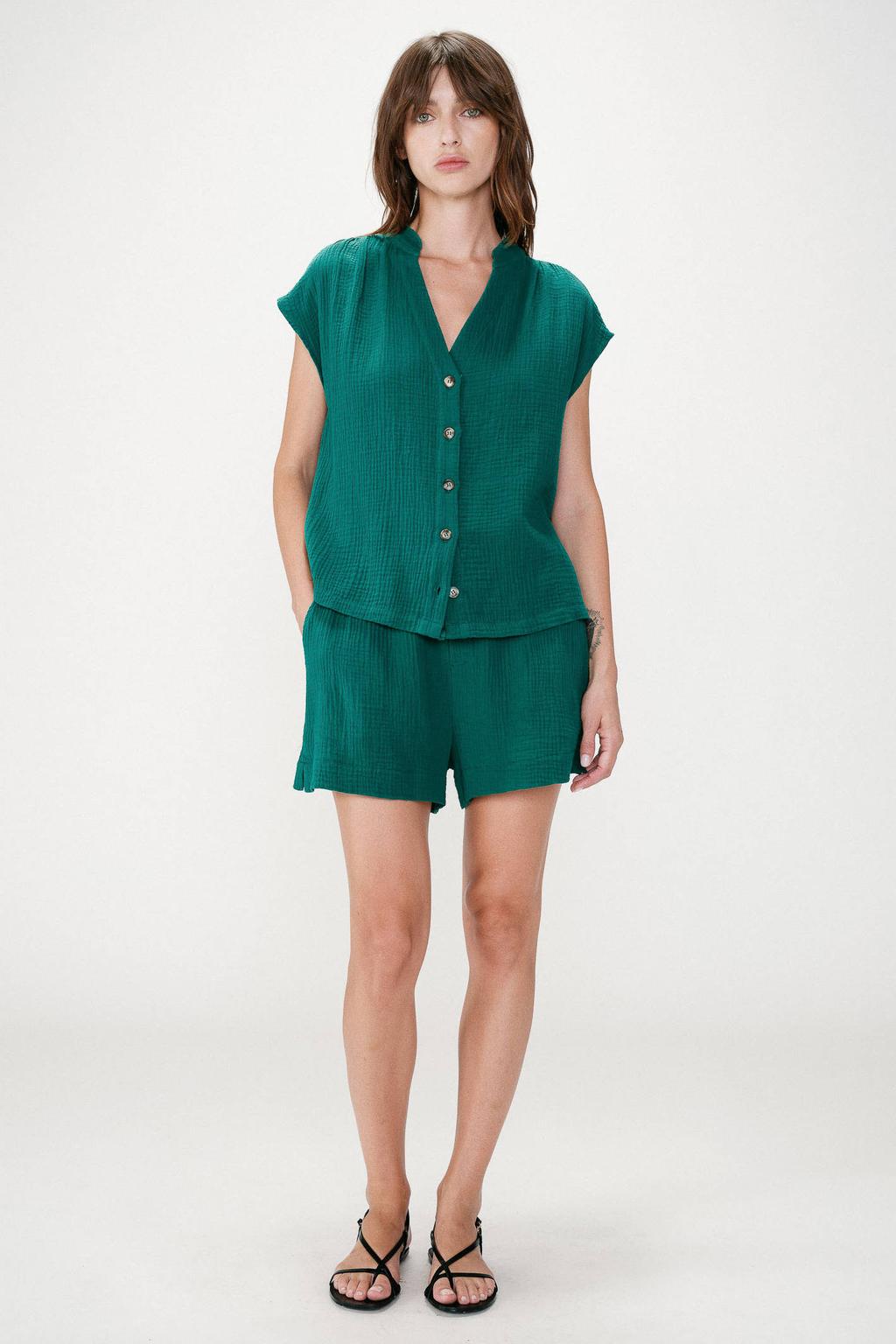 Groene dames Grace & Mila blouse van katoen met effen, korte mouwen, V-hals en knoopsluiting