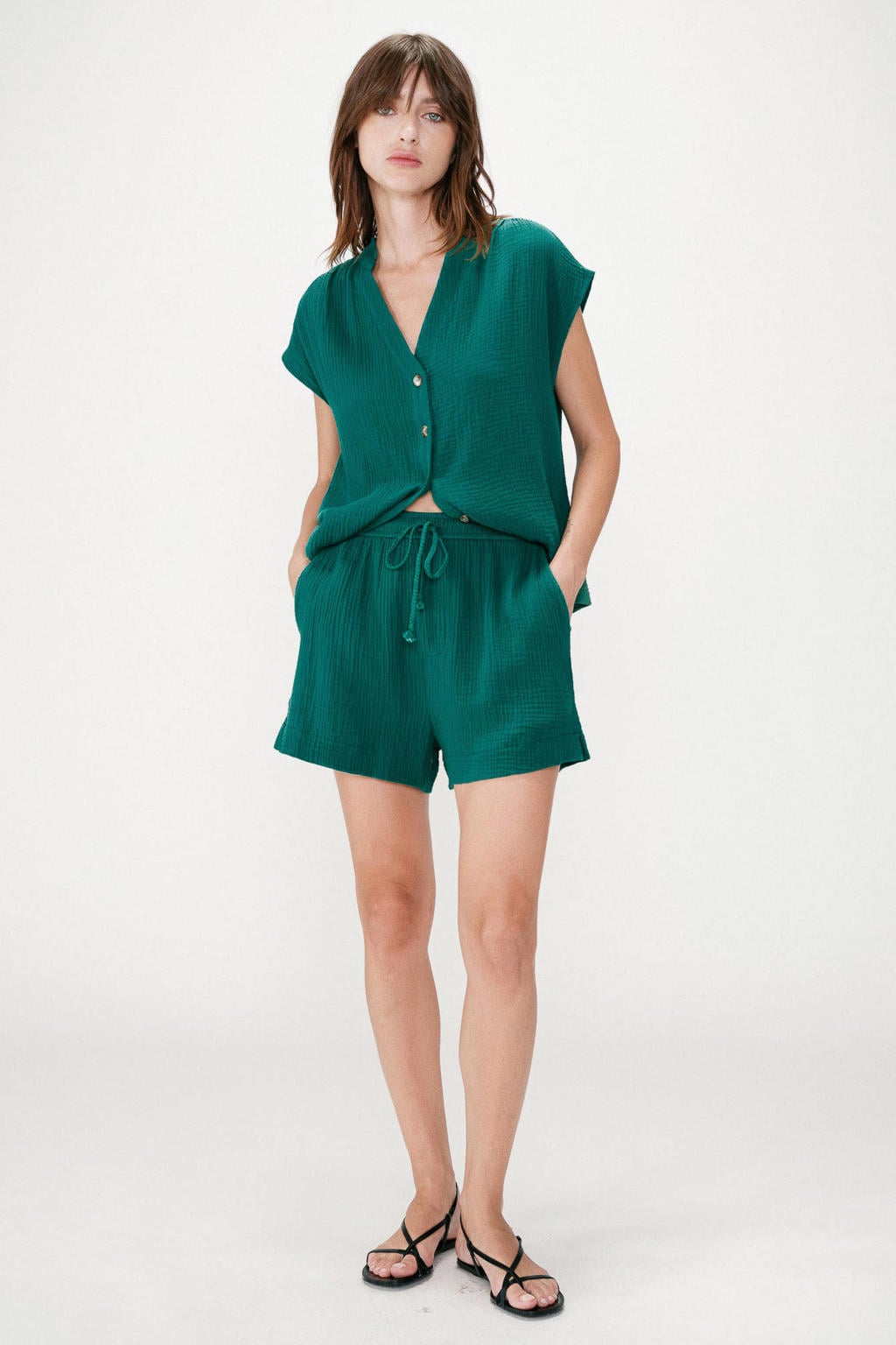 Donkergroene dames Grace & Mila regular high waist casual short van katoen met elastische tailleband met koord en effen