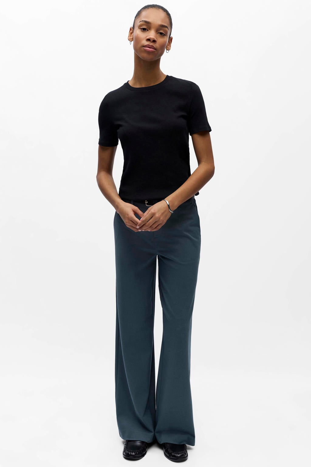 Grijsgroene dames OBJECT Wide leg regular waist pantalon met effen