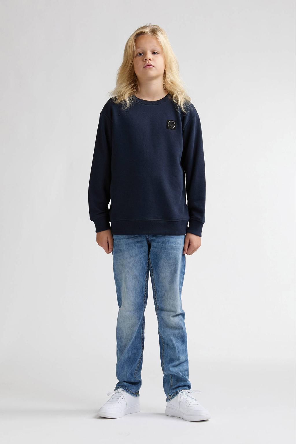 Donkerblauwe jongens Petrol Industries sweater met effen, lange mouwen, ronde hals en geribde boorden
