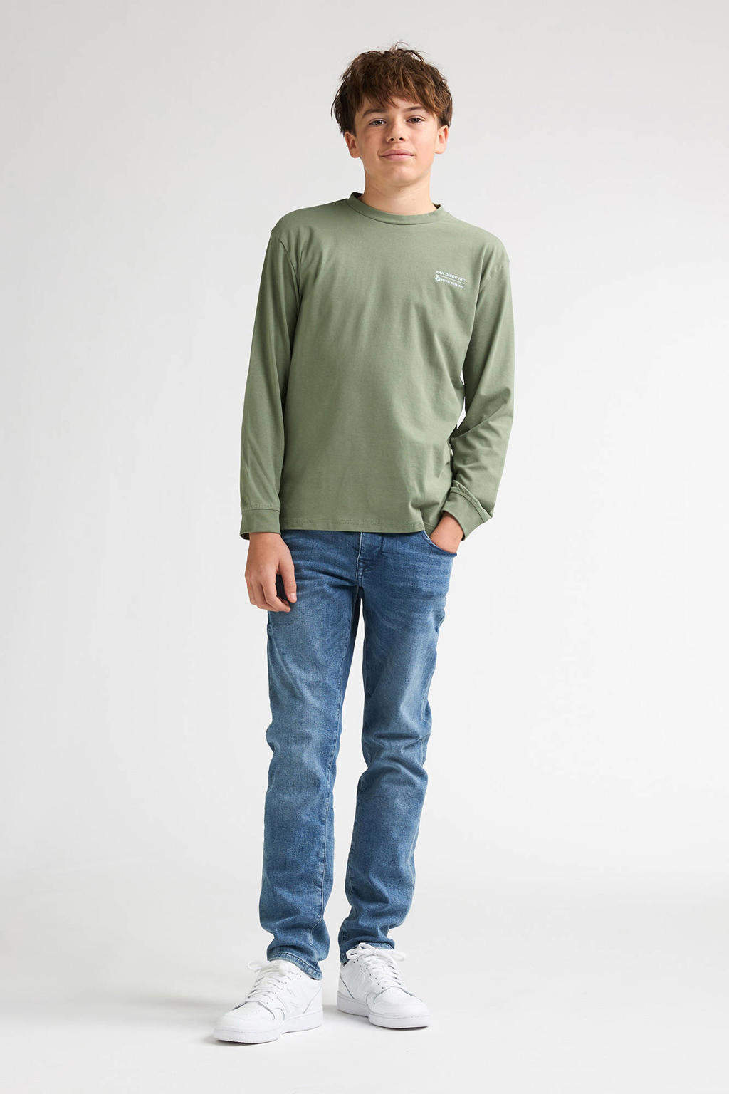Groene jongens Petrol Industries longsleeve van stretchkatoen met effen, lange mouwen en ronde hals