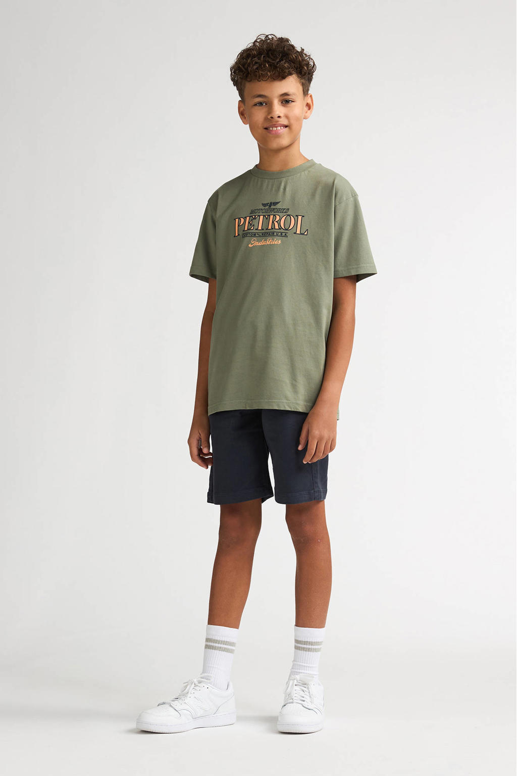Groene jongens Petrol Industries T-shirt van katoen met logo dessin, korte mouwen en ronde hals