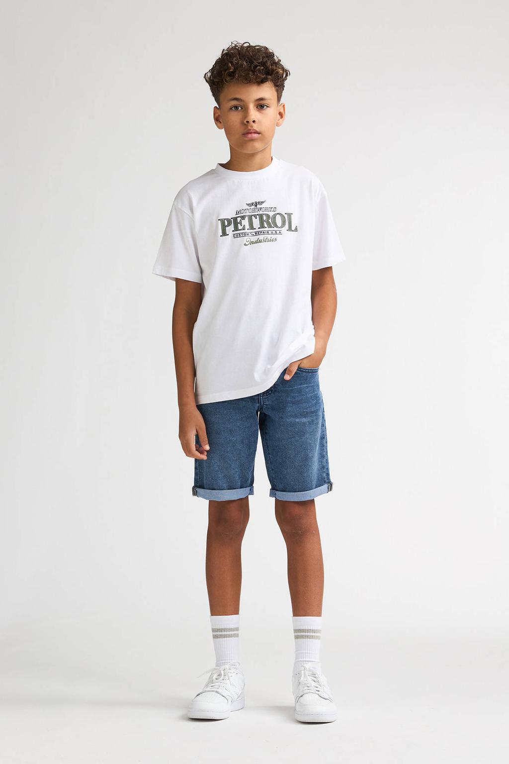 Witte jongens Petrol Industries T-shirt van katoen met logo dessin, korte mouwen en ronde hals