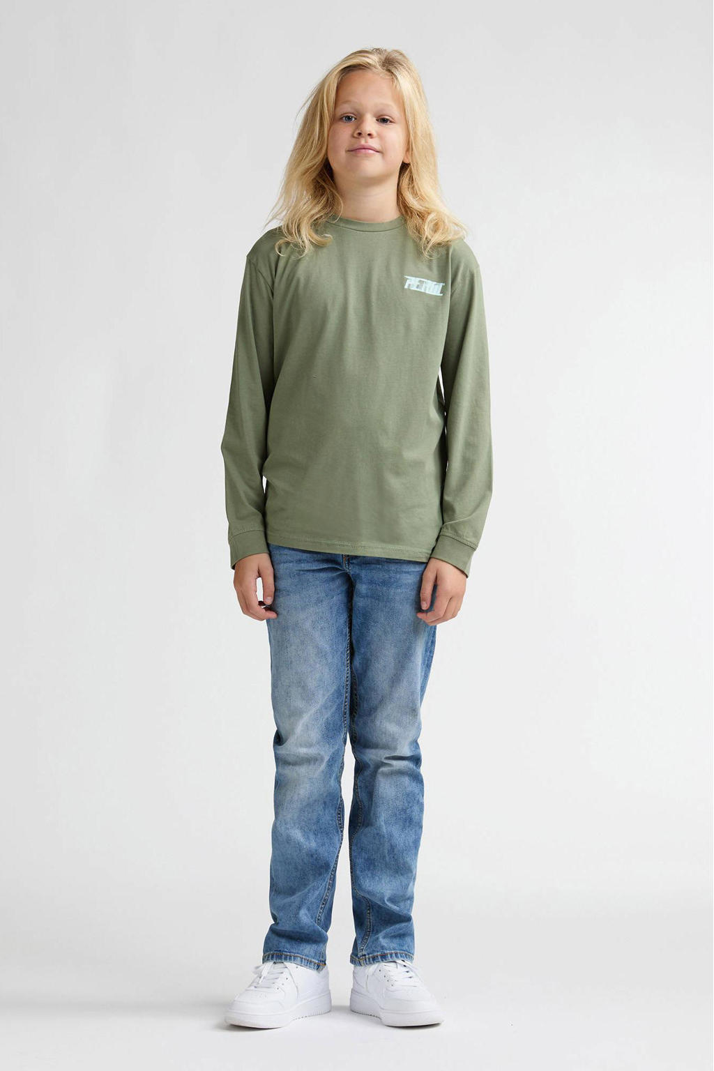 Groene jongens Petrol Industries longsleeve van stretchkatoen met backprint, lange mouwen en ronde hals