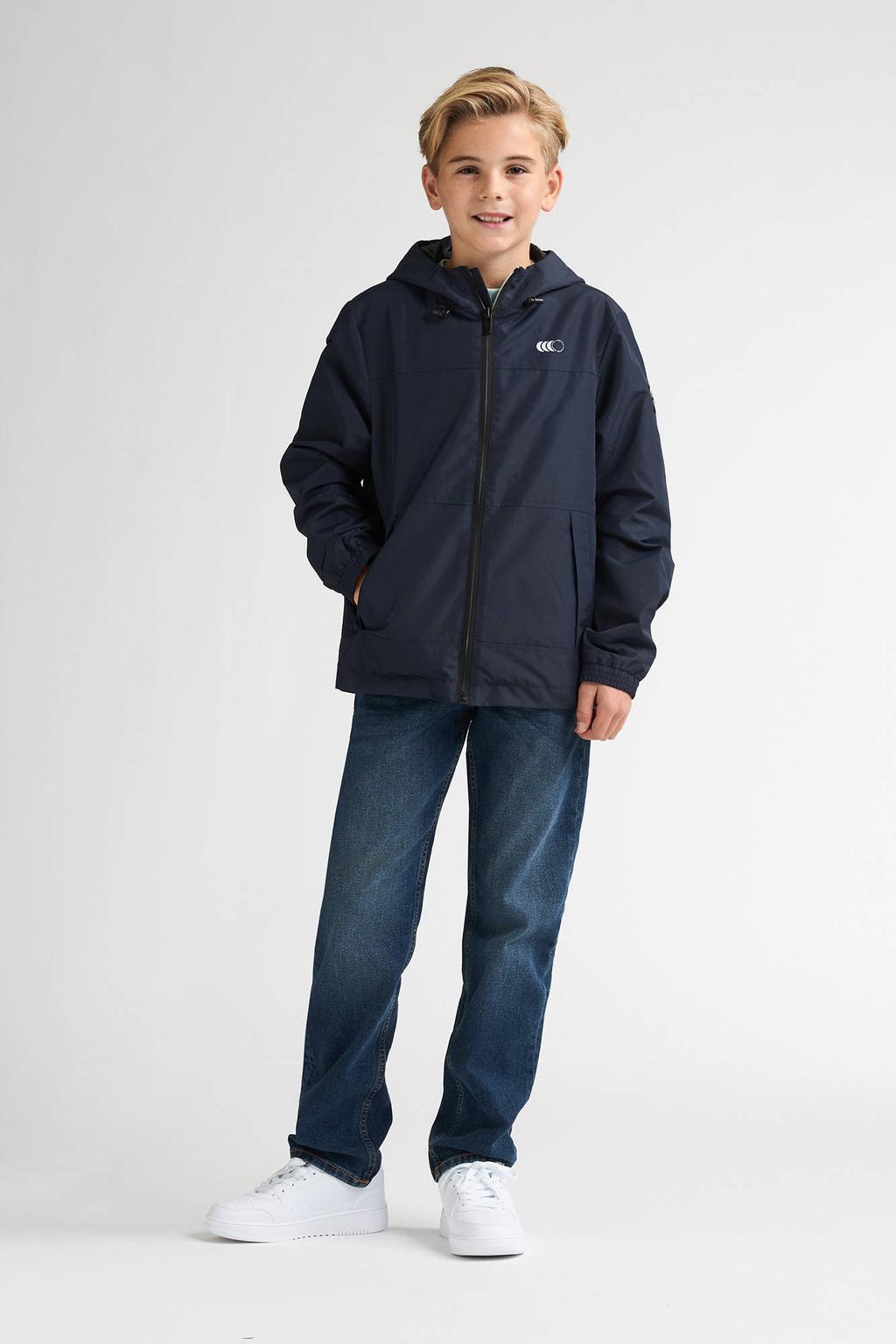 Donkerblauwe jongens Petrol Industries jack van polyester met effen, lange mouwen, capuchon en ritssluiting
