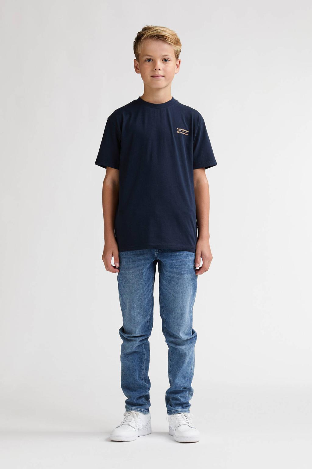 Donkerblauwe jongens Petrol Industries T-shirt van stretchkatoen met backprint, korte mouwen en ronde hals