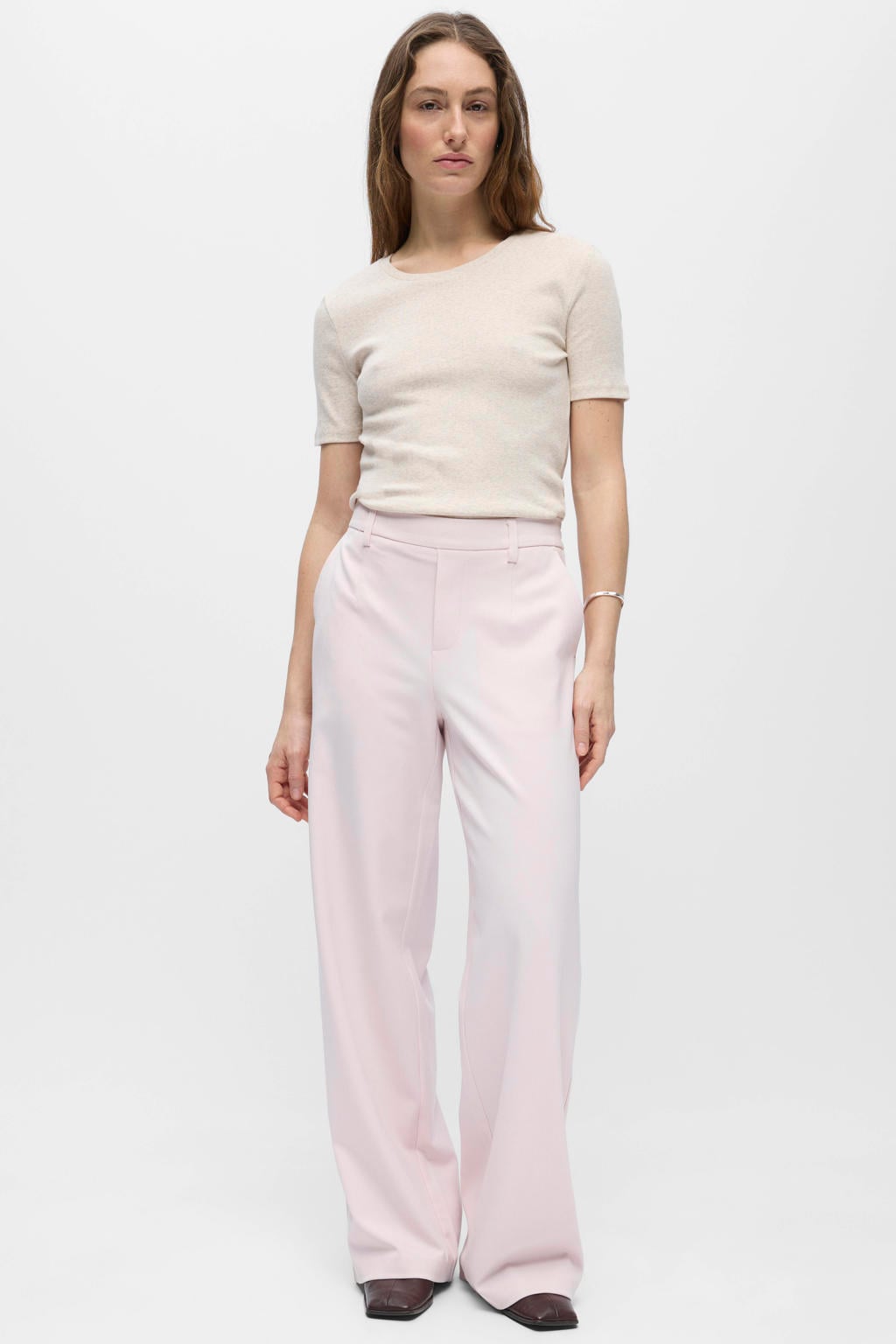 Lichtroze dames OBJECT Wide leg regular waist pantalon met effen