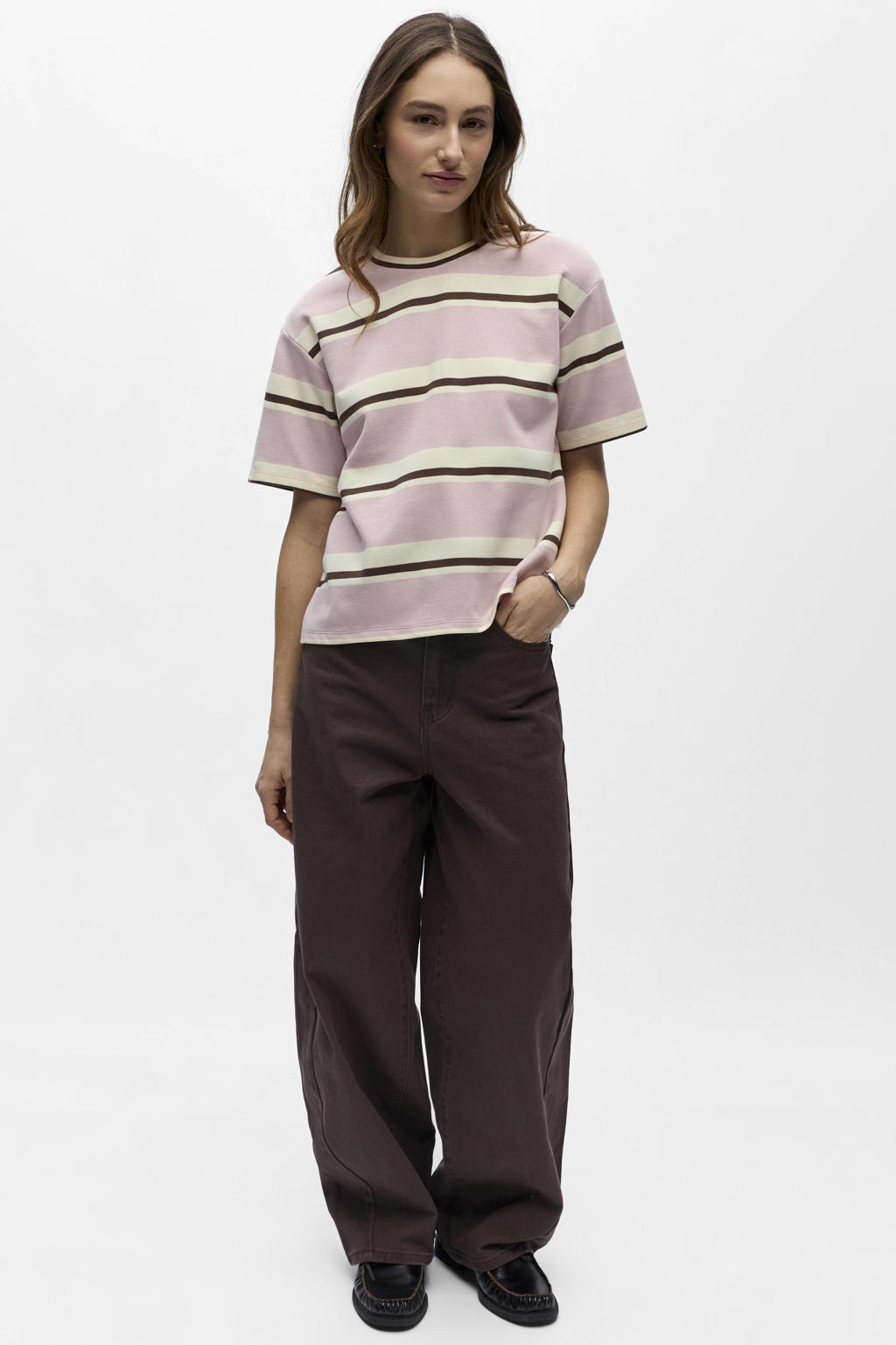 Roze, bruin en ecru dames OBJECT gestreepte top van polyester met korte mouwen, ronde hals en mesh