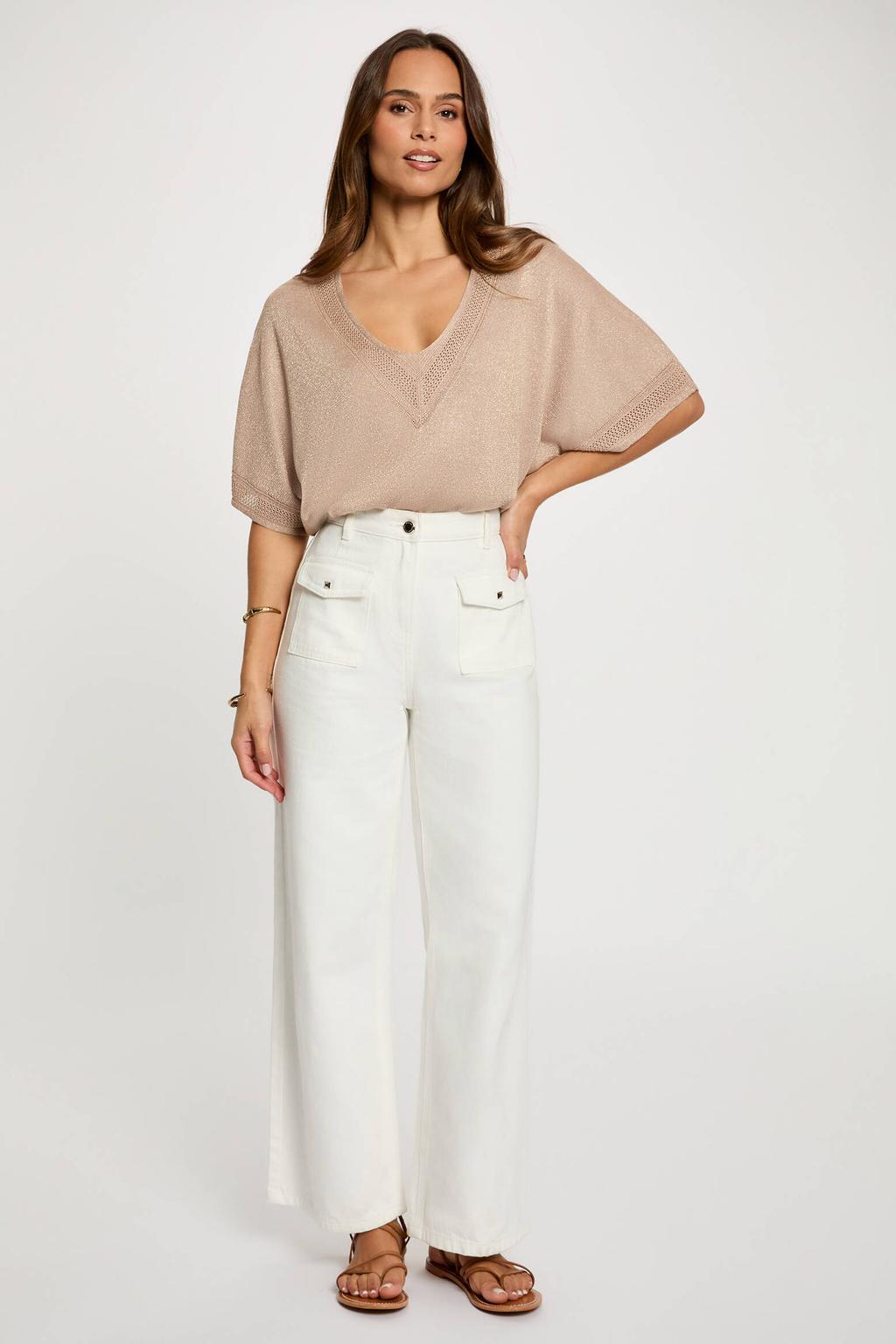 Taupe dames Morgan top warm van viscose met effen, korte mouwen, V-hals en glitters