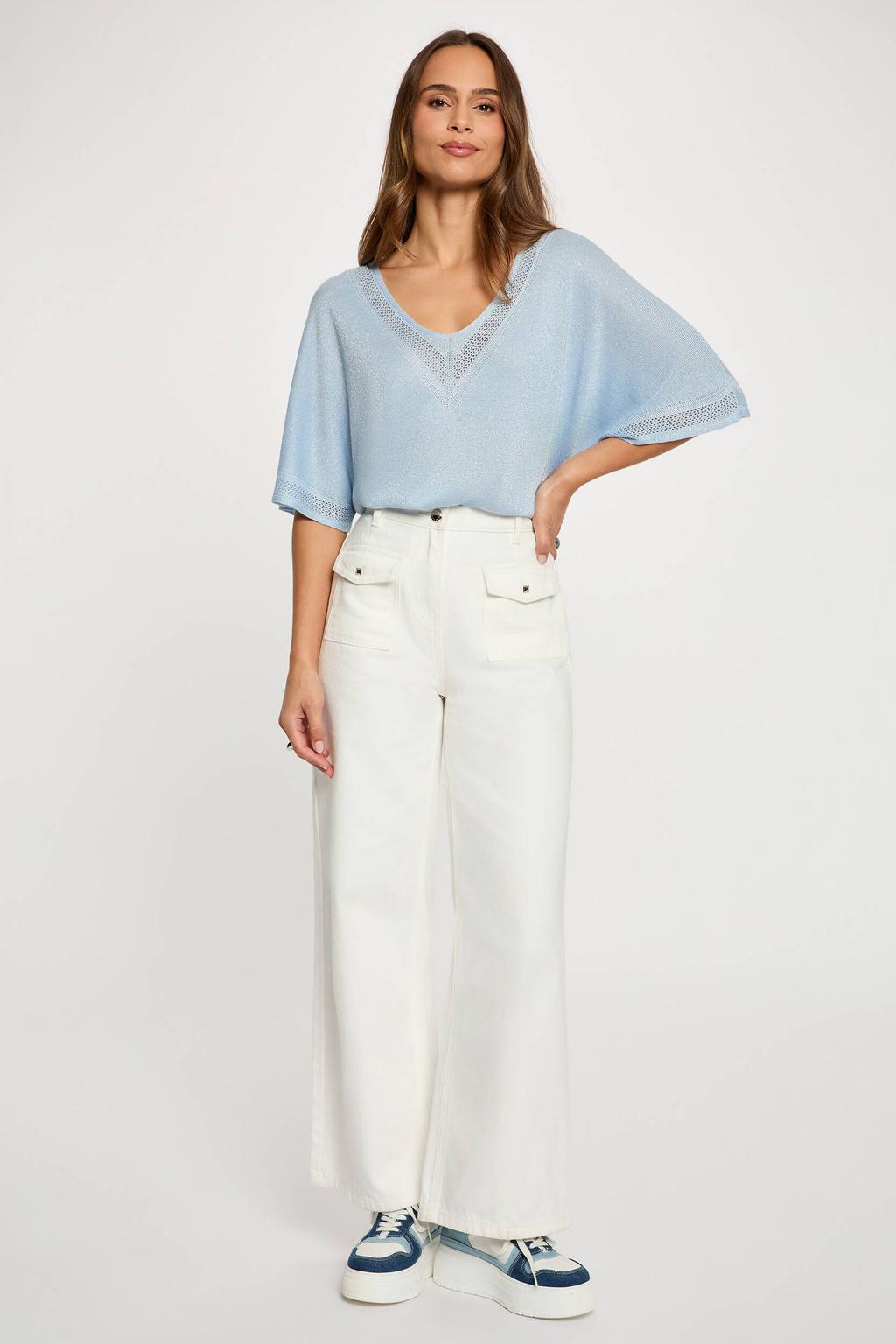 Lichtblauwe dames Morgan top van viscose met effen, korte mouwen, V-hals en glitters