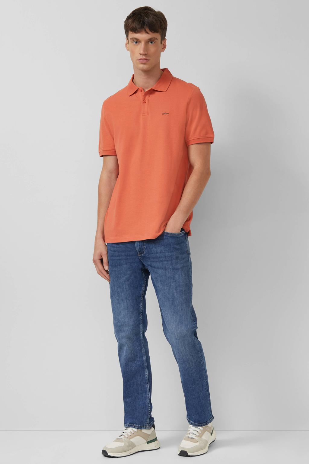 Oranje heren s.Oliver regular polo van katoen met effen, korte mouwen, knoopsluiting en borduursels