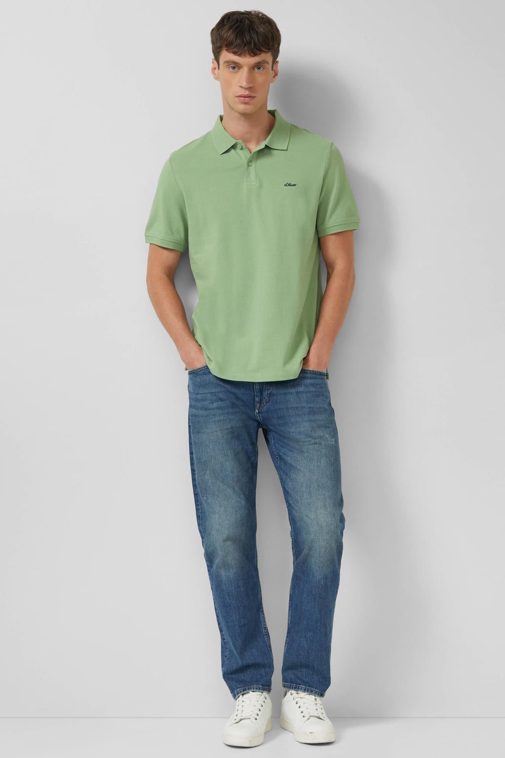 Groene heren s.Oliver regular polo van katoen met effen, korte mouwen, knoopsluiting en pique