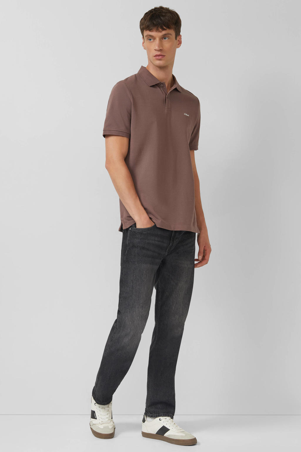 Bruine heren s.Oliver regular polo van katoen met effen, korte mouwen, knoopsluiting en pique