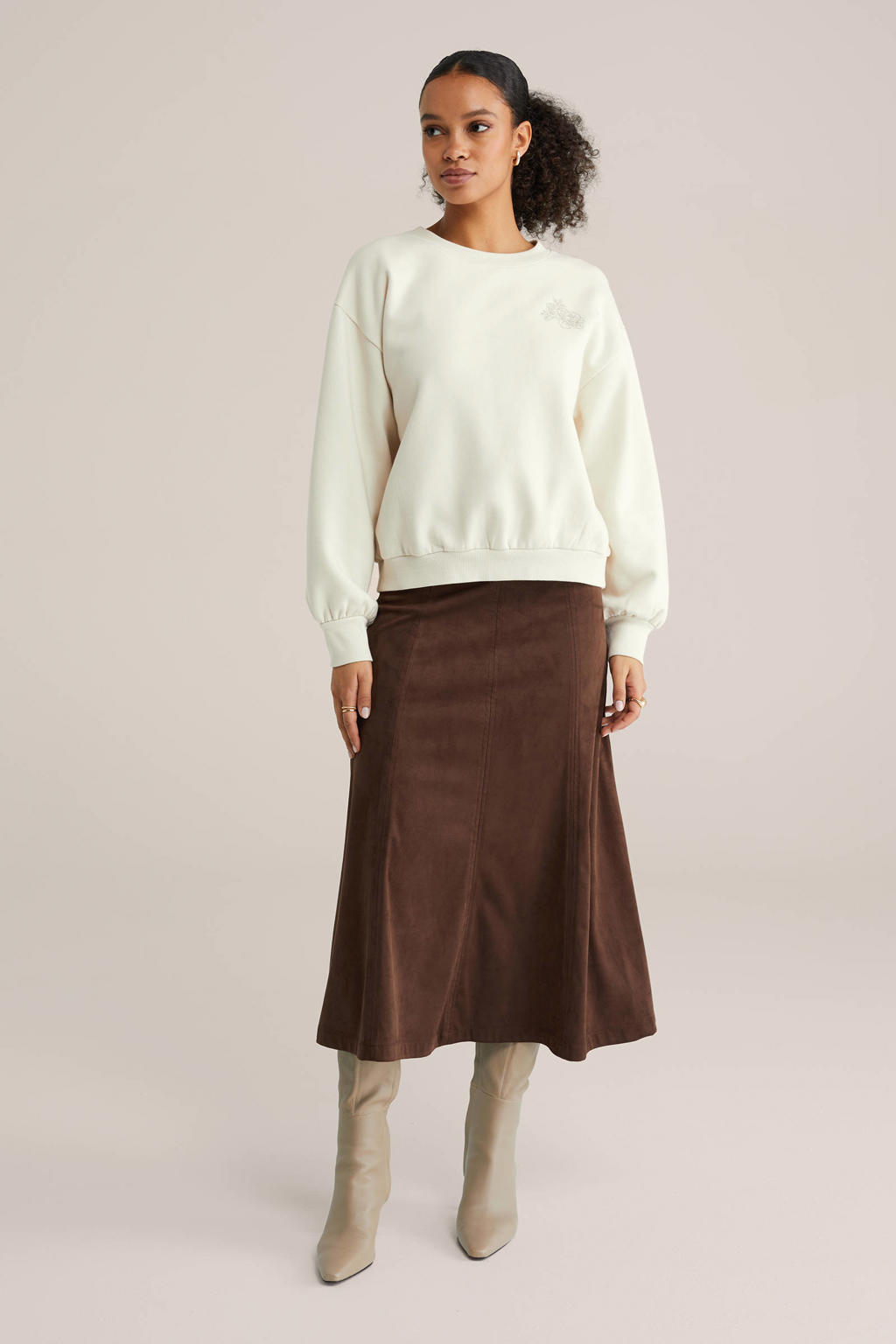 Ecru dames WE Fashion sweater van katoen met printopdruk, lange mouwen en ronde hals