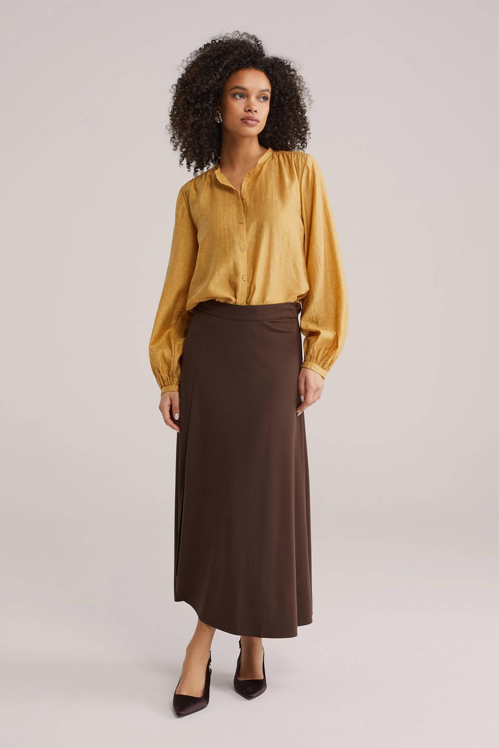 Gouden dames WE Fashion blouse van lyocell met effen, lange mouwen, opstaande kraag en knoopsluiting
