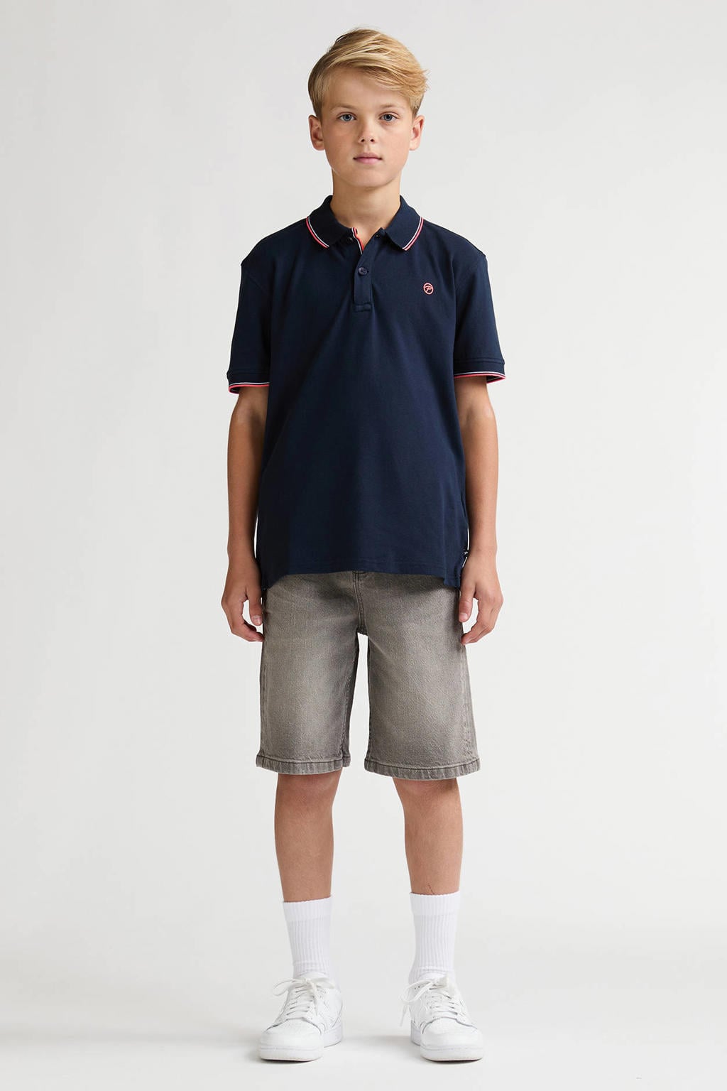 Donkerblauw en oranje jongens Petrol Industries polo van katoen met meerkleurige print, korte mouwen en knoopsluiting