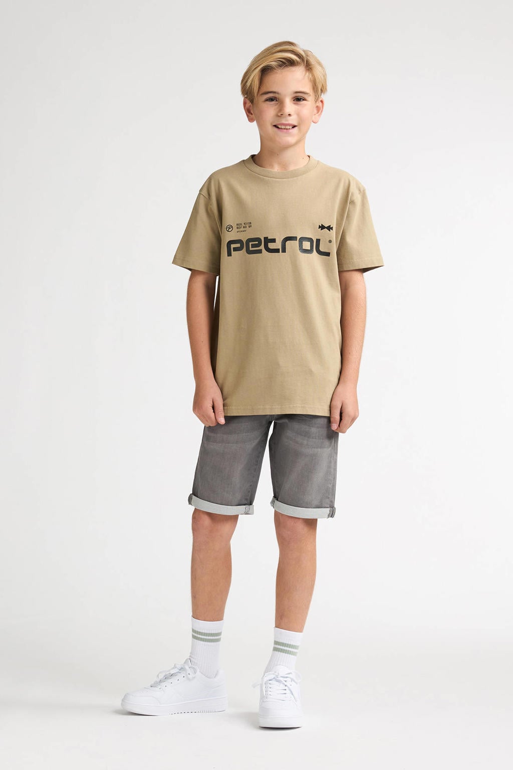 Zandkleurige jongens Petrol Industries T-shirt van katoen met logo dessin, korte mouwen en ronde hals