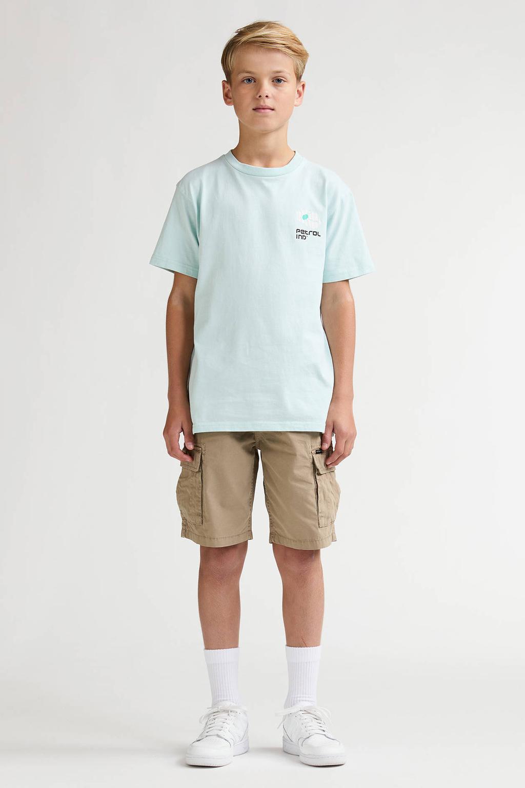 Mintgroene jongens Petrol Industries T-shirt van katoen met backprint, korte mouwen en ronde hals