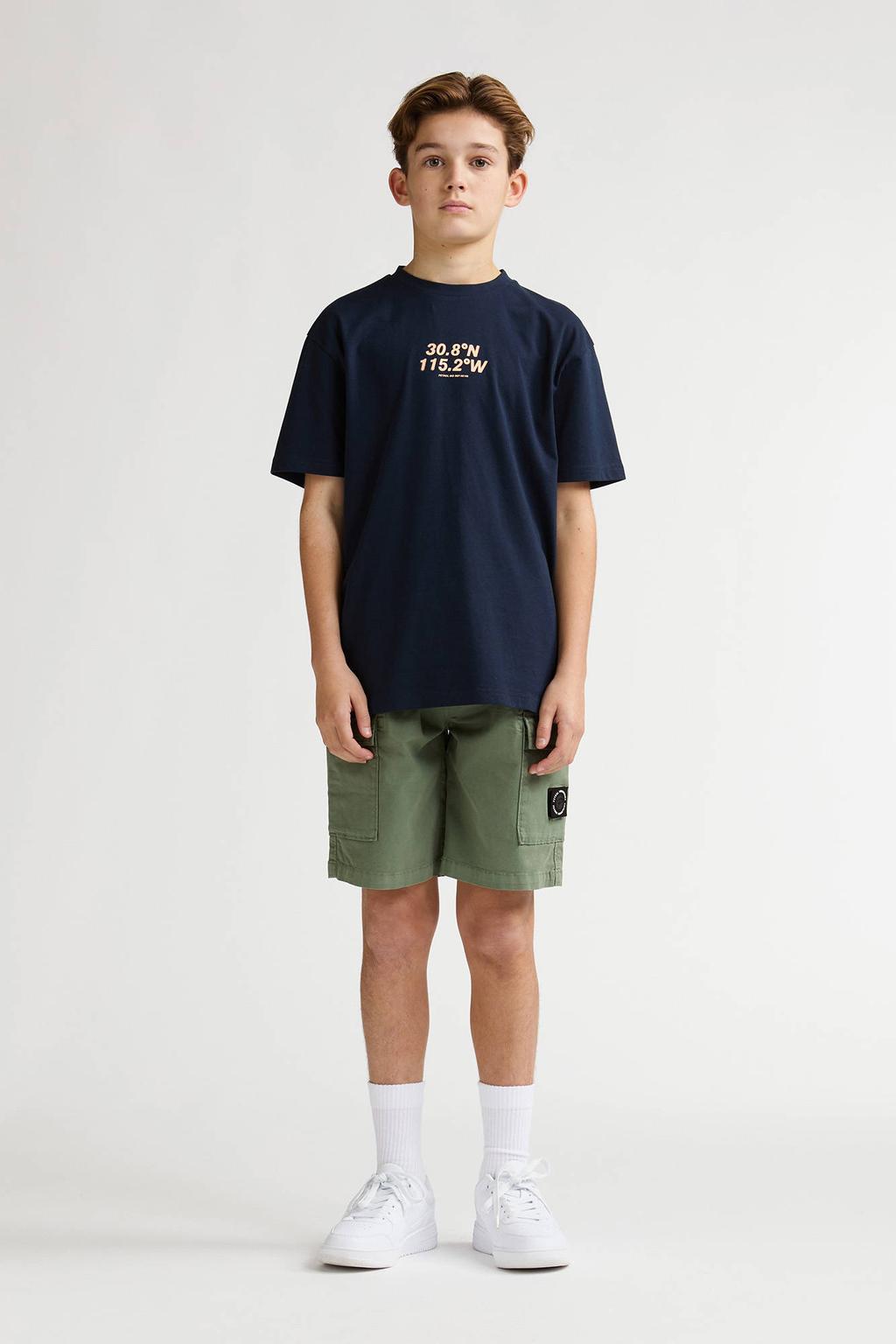 Donkerblauwe jongens Petrol Industries T-shirt van katoen met backprint, korte mouwen en ronde hals