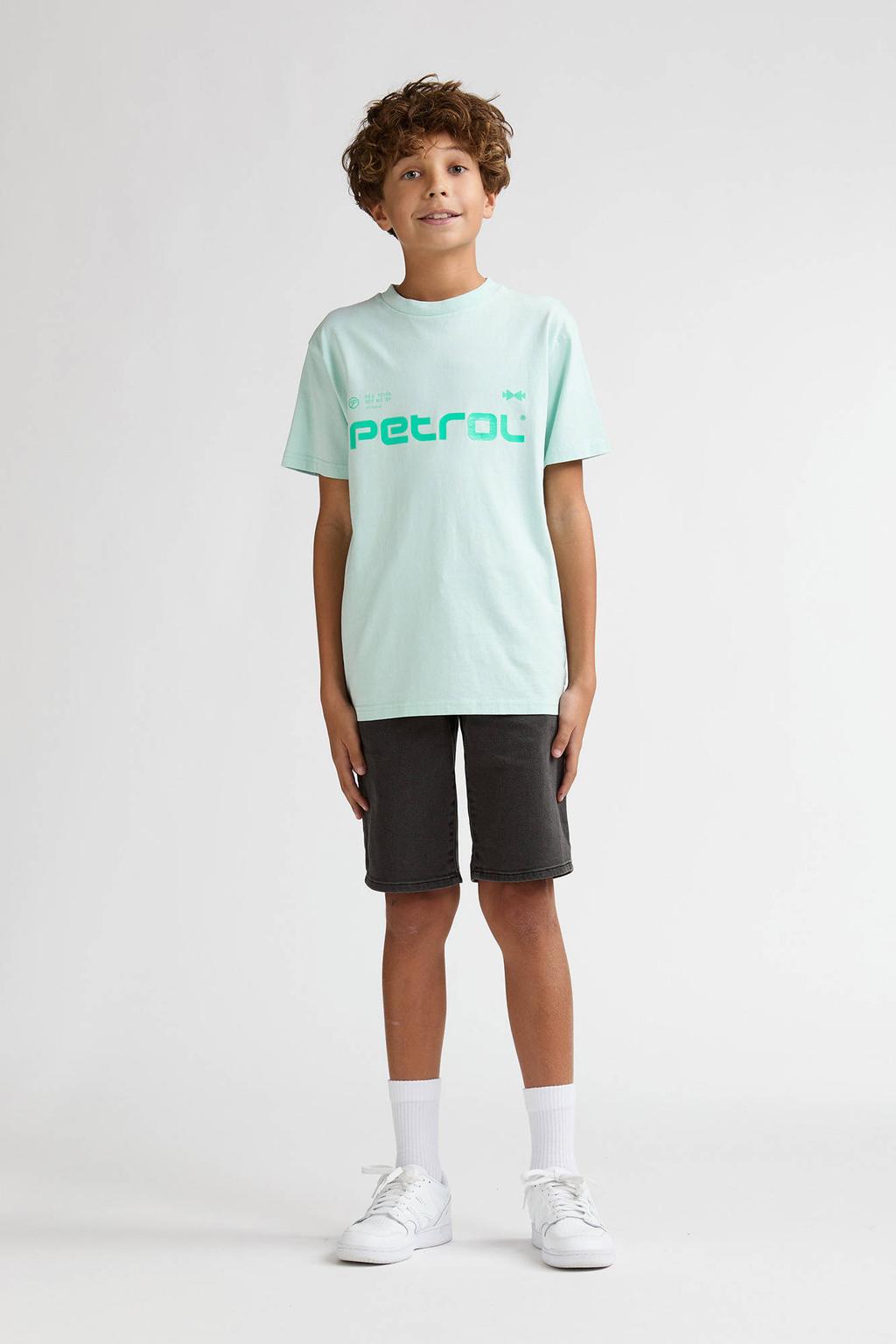 Mintgroene jongens Petrol Industries T-shirt van katoen met logo dessin, korte mouwen en ronde hals