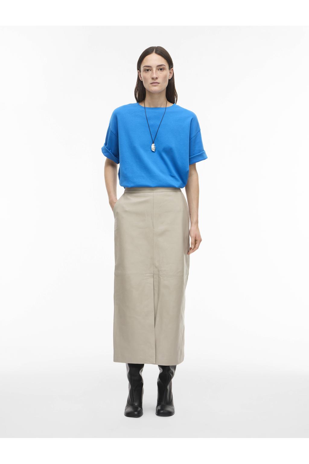Blauwe dames ROUGE EDIT T-shirt van katoen met effen, korte mouwen en ronde hals
