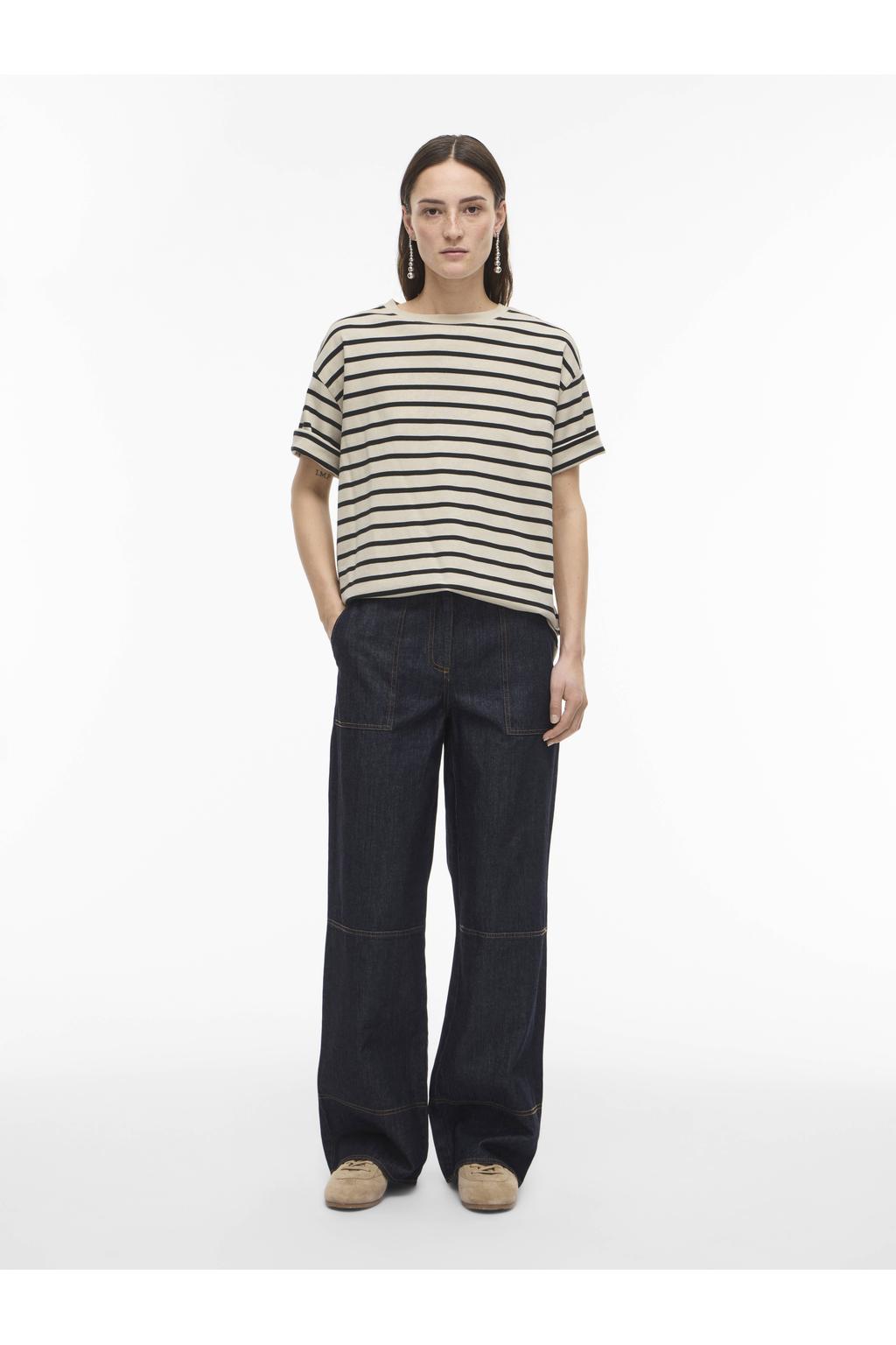 Bruin en ecru dames ROUGE EDIT gestreepte T-shirt van katoen met korte mouwen en ronde hals