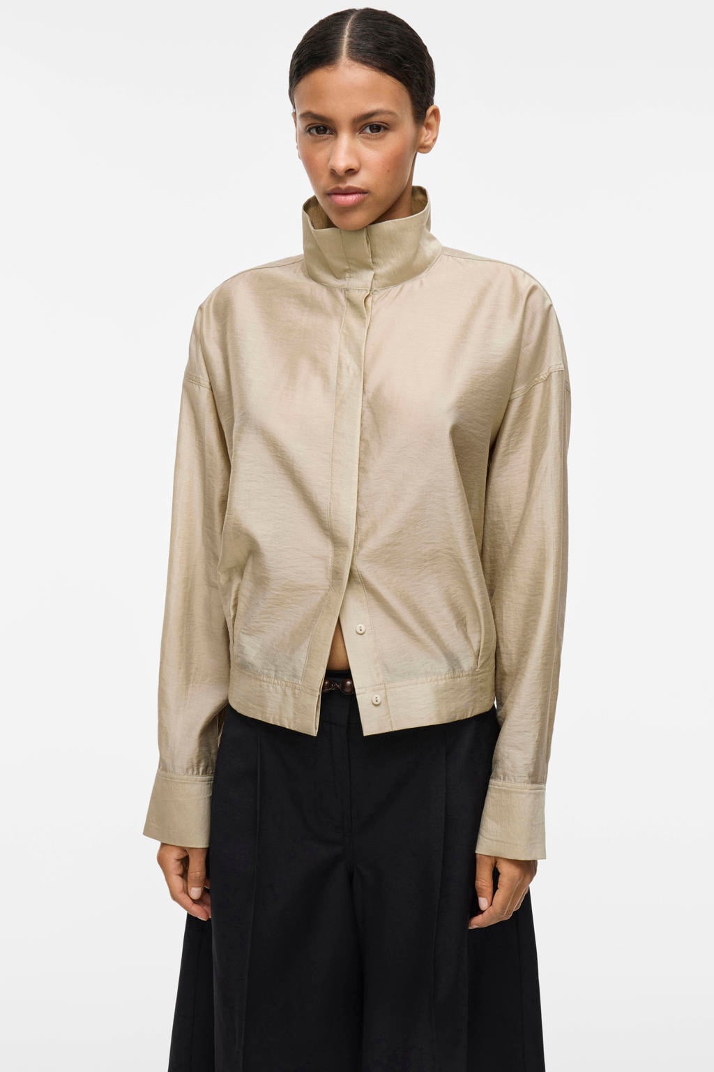 Beige dames ROUGE EDIT blouse van lyocell met effen, lange mouwen, opstaande kraag, blinde knoopsluiting en geweven detail