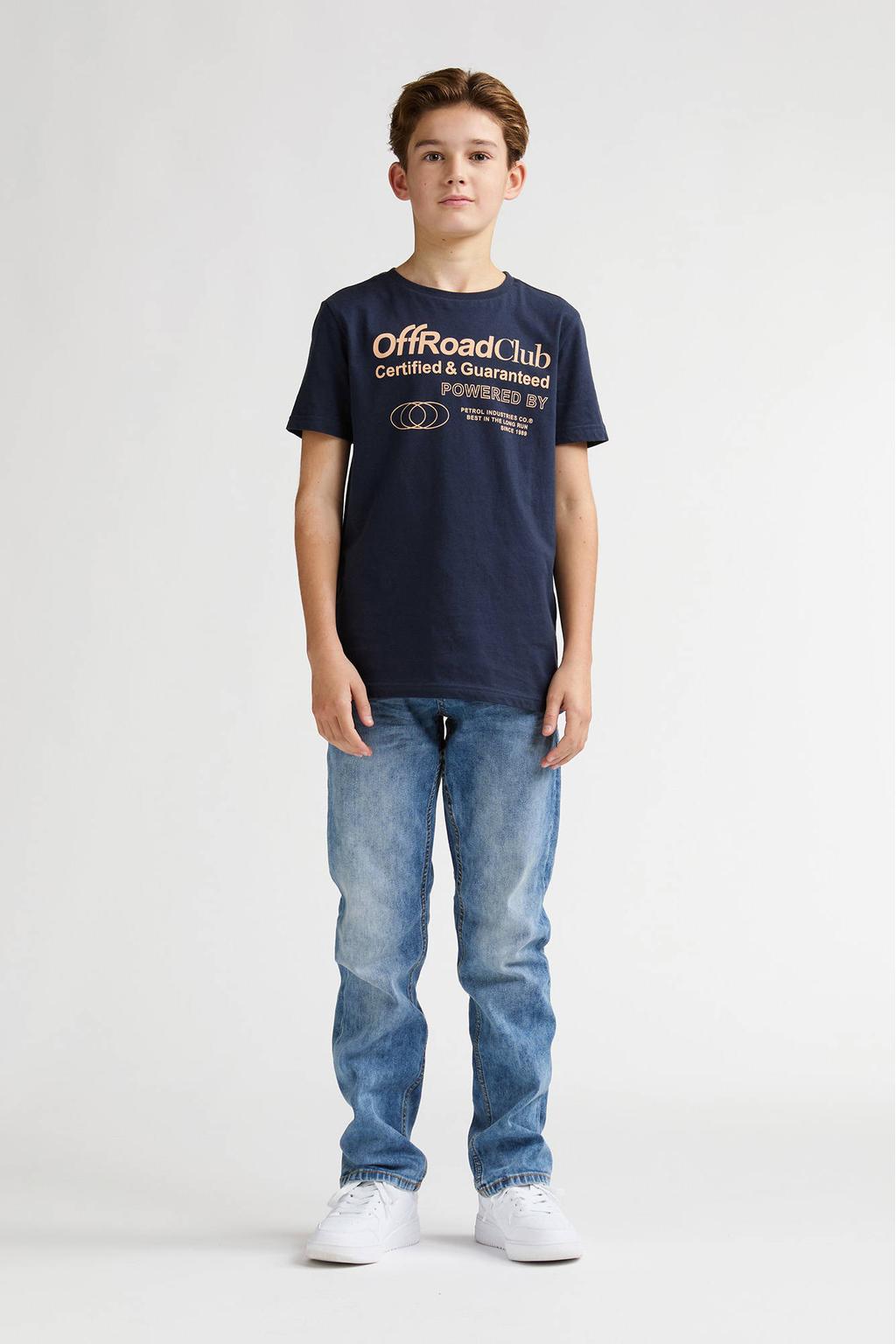 Donkerblauwe jongens Petrol Industries T-shirt van katoen met printopdruk, korte mouwen en ronde hals