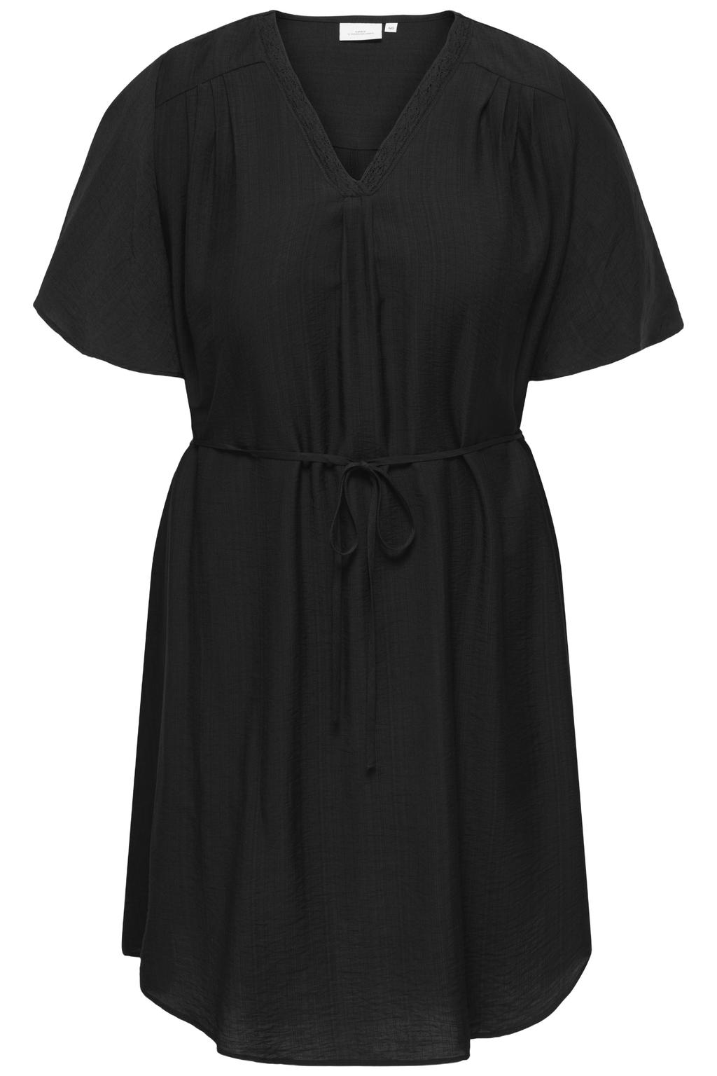 Zwarte dames ONLY CARMAKOMA mini jurk van viscose met effen, korte mouwen, V-hals en geweven detail