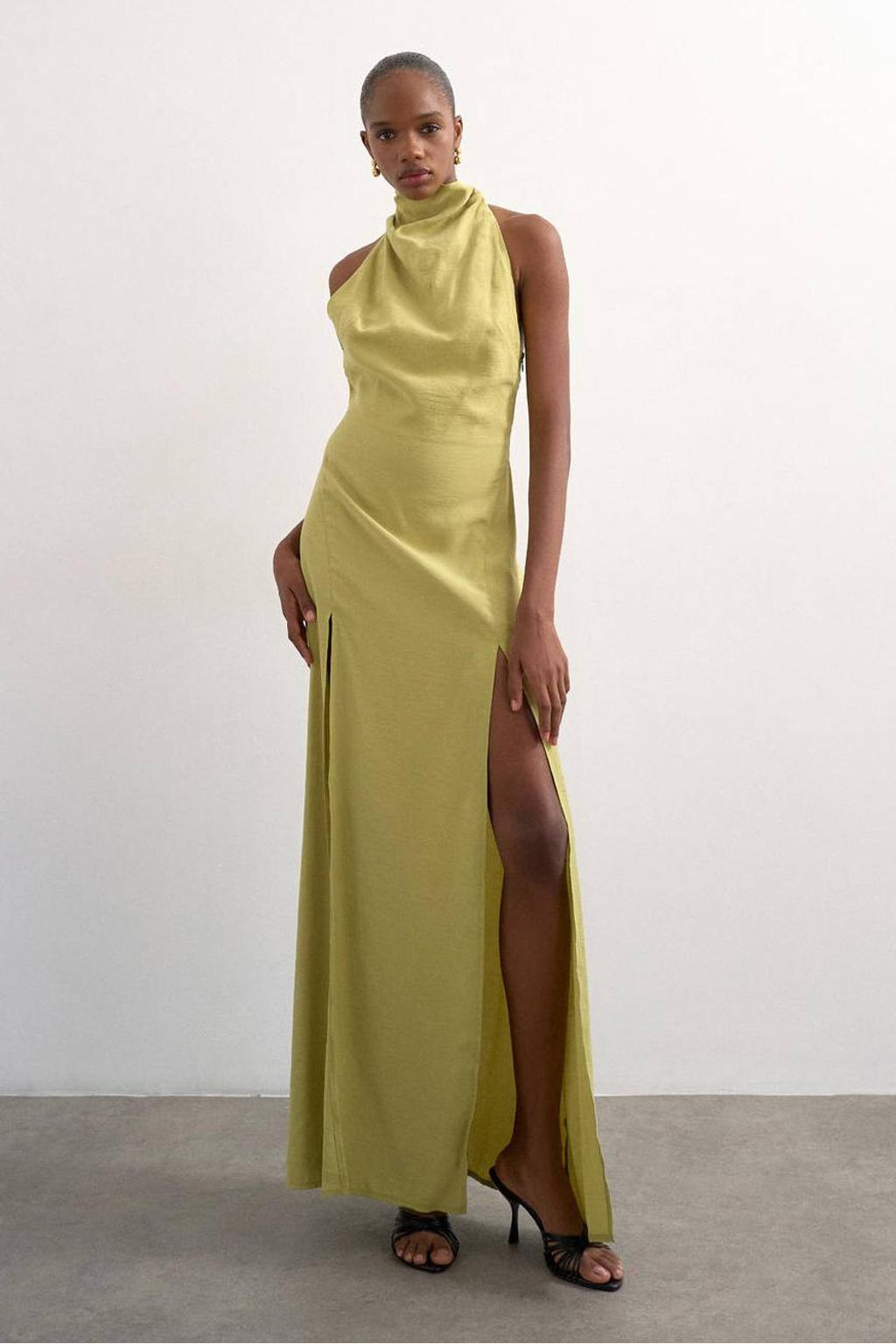 Limegroene dames TOPSHOP maxi jurk groen van modal met effen en halterkraag