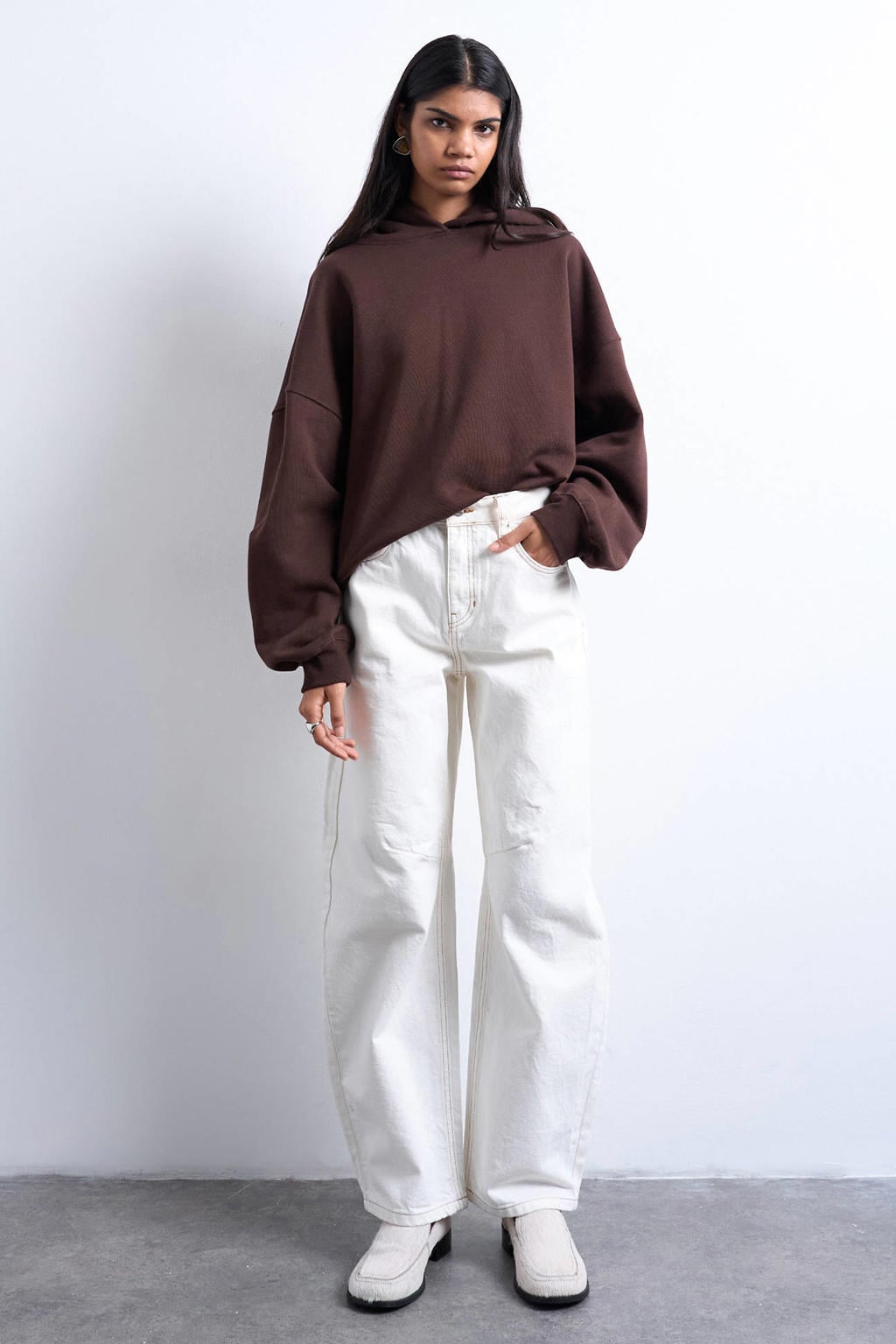Witte dames TOPSHOP high waist barrel jeans van denim met rits- en knoopsluiting en effen