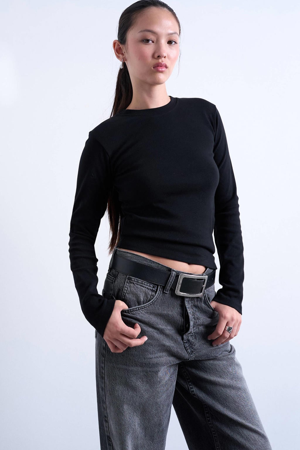 Zwarte dames TOPSHOP longsleeve van katoen met effen, lange mouwen en ronde hals