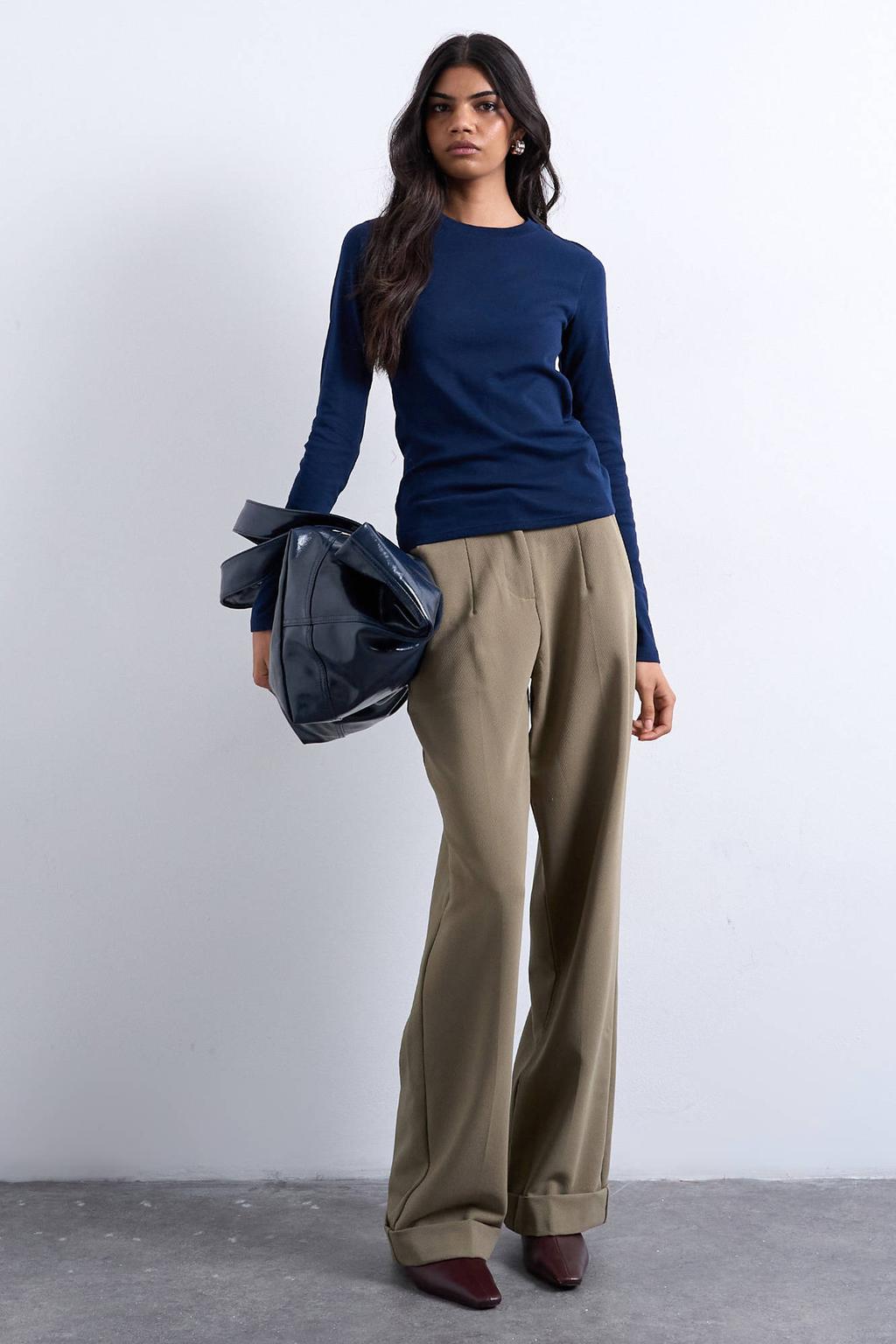 Marineblauw dames TOPSHOP longsleeve blauw van katoen met effen, lange mouwen en ronde hals