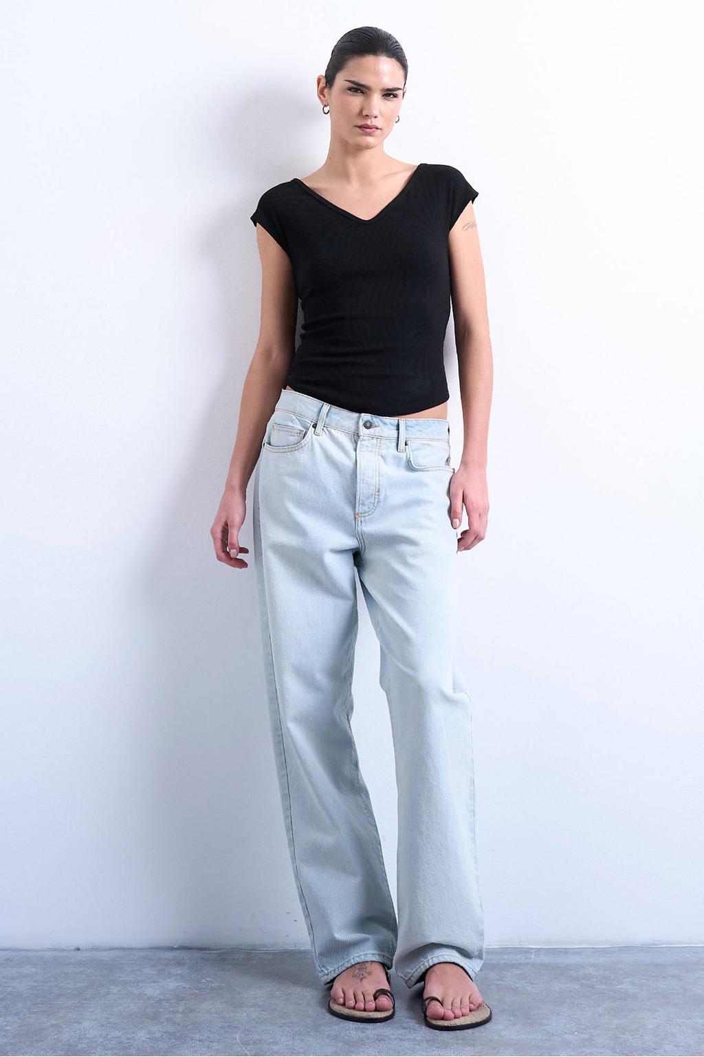 Zwarte dames TOPSHOP T-shirt van katoen met effen, korte mouwen en V-hals