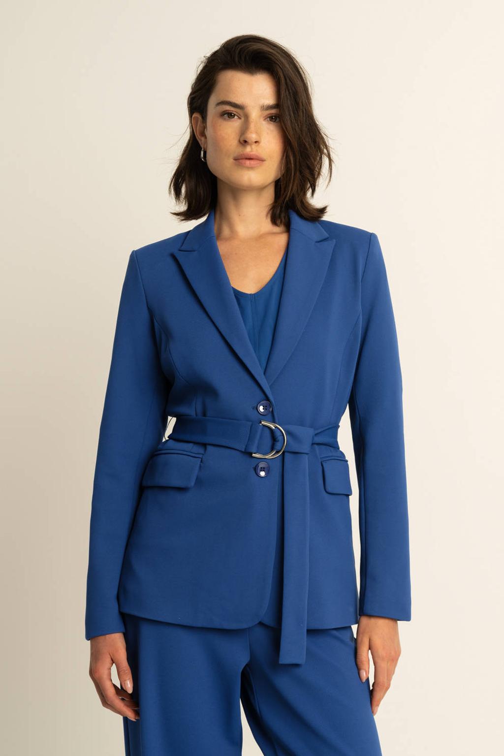 Blauwe dames Expresso travelstof blazer met effen, lange mouwen, reverskraag, knoopsluiting en ceintuur