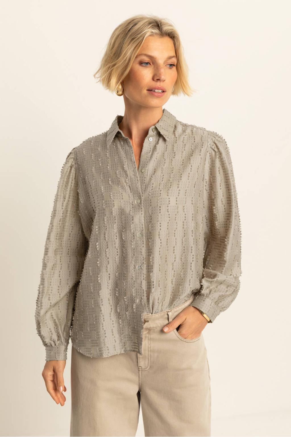 Zandkleurige dames Expresso blouse van lyocell met effen, lange mouwen, klassieke kraag, knoopsluiting en geweven detail