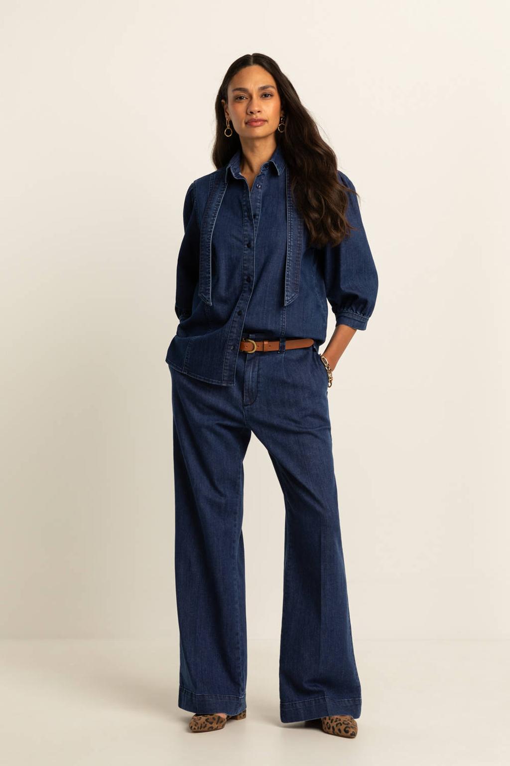 Dark blue denim dames Expresso wide leg jeans dark blue van polyurethaan met high waist, rits- en knoopsluiting en effen