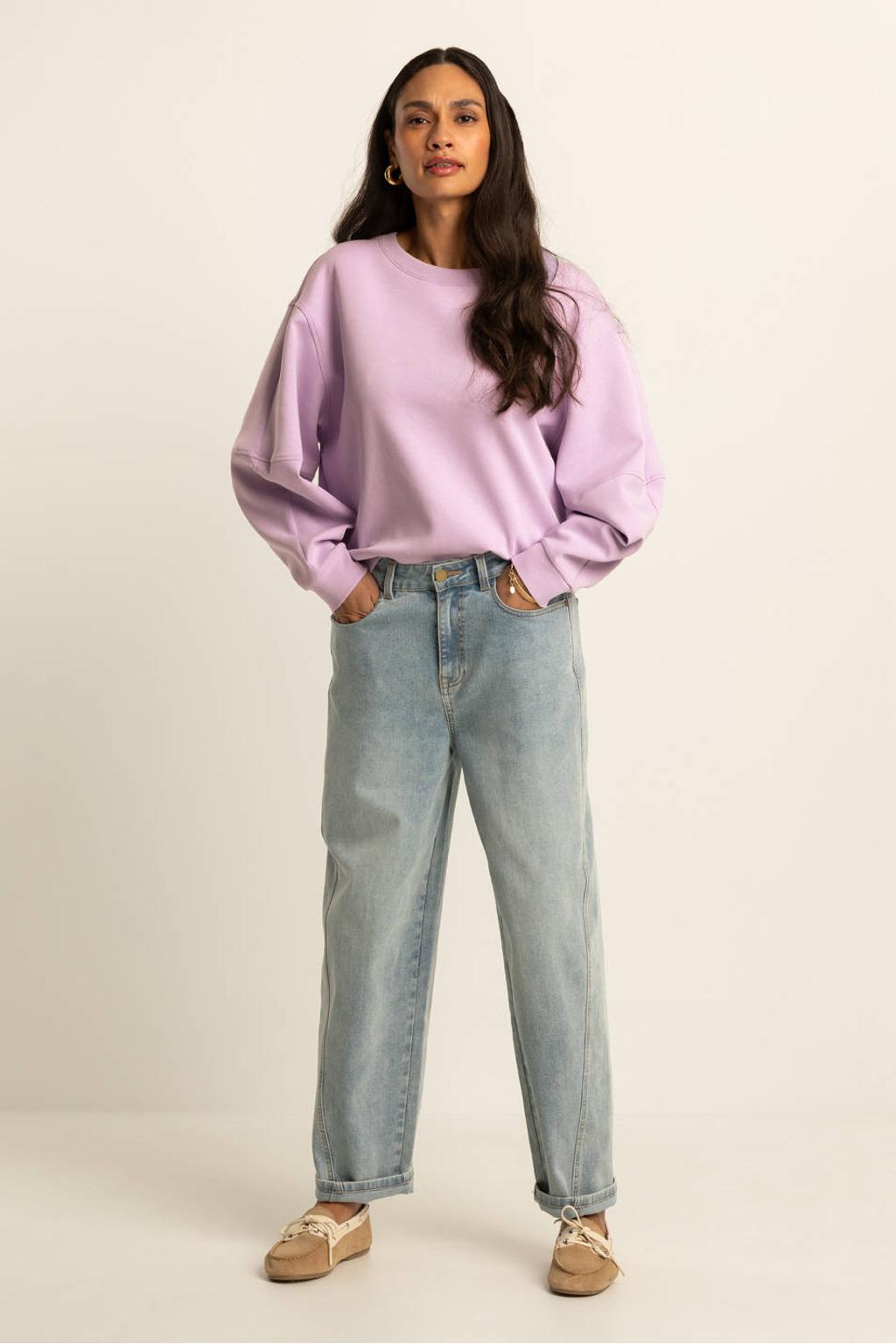 Dark blue denim dames Expresso high waist tapered jeans van denim met rits- en knoopsluiting en effen