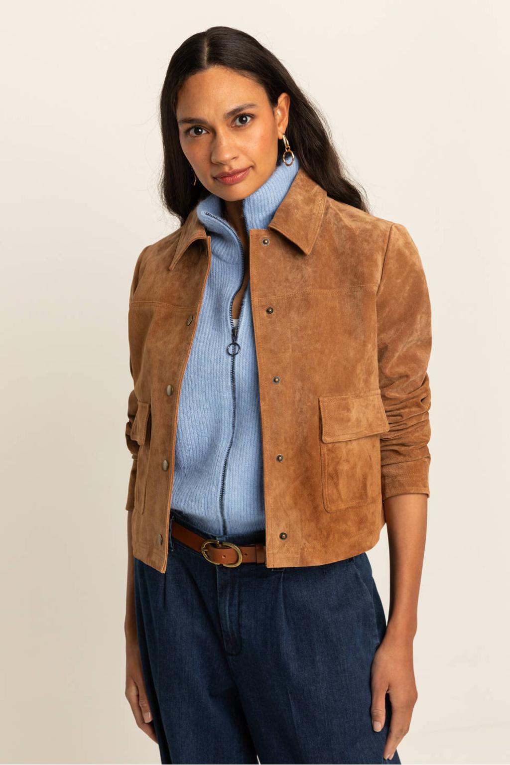 Lichtbruine dames Expresso suede jasje met effen, lange mouwen, widespread hals, drukknoopsluiting en geweven detail